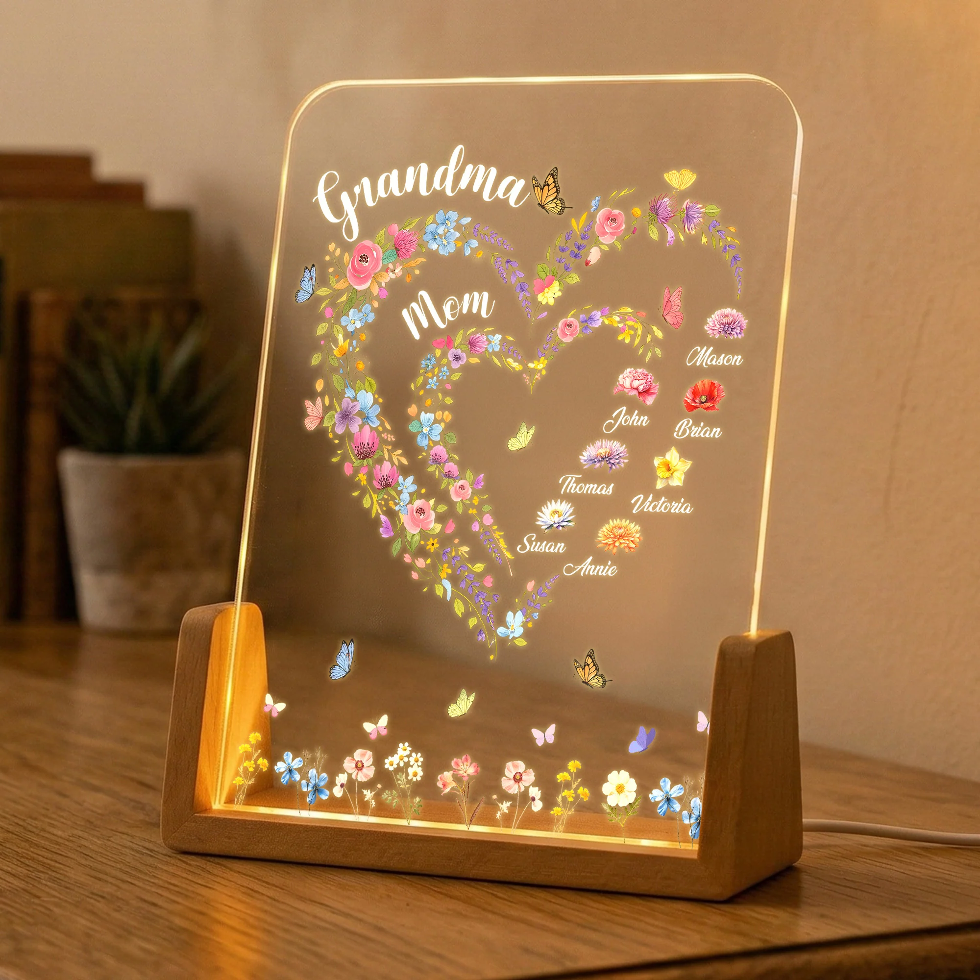 First Mom Now Grandma Heart Flower With Kids' Names & Birth Flower Personalized Night Light - Image 4