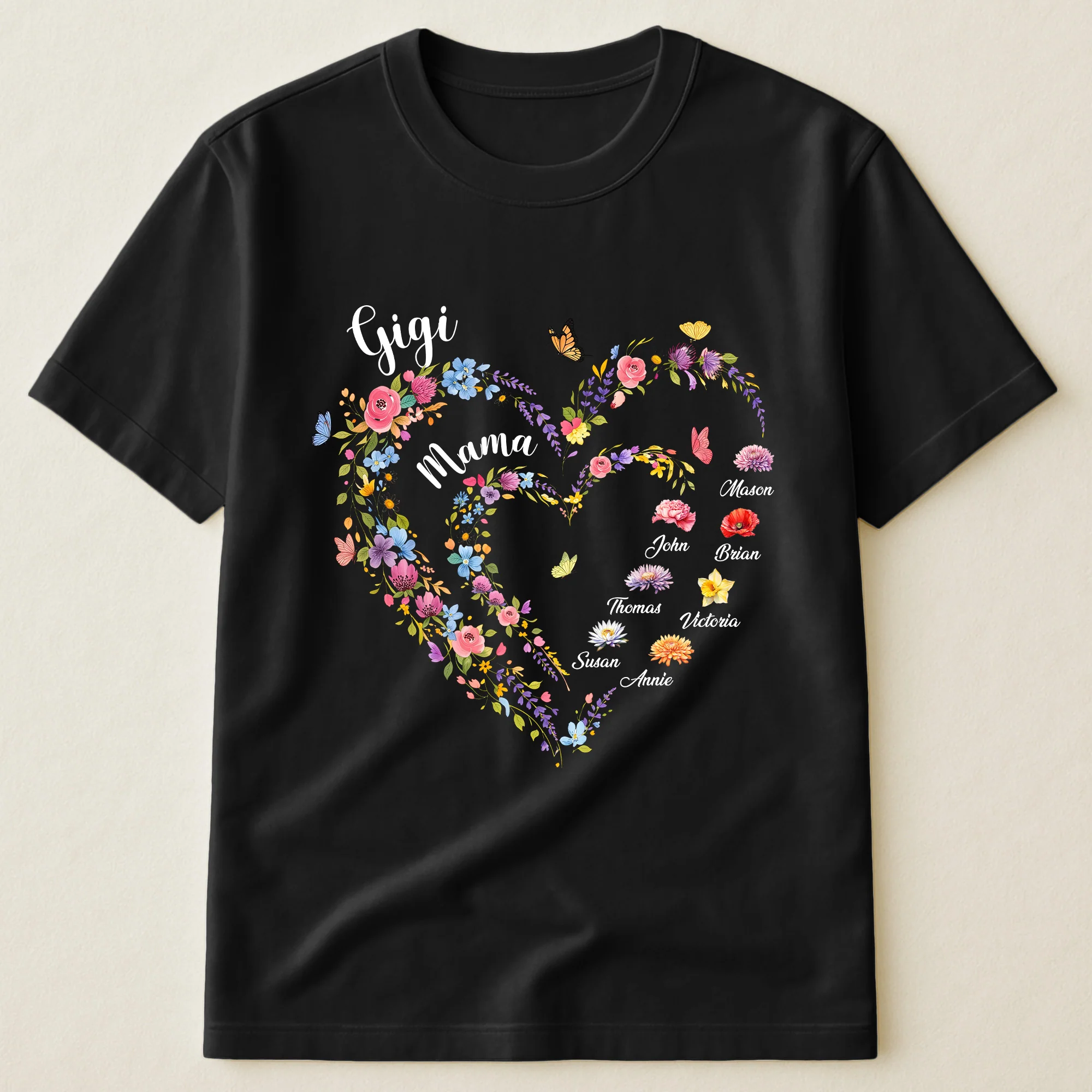 First Mom Now Grandma Heart Flower With Kids' Names & Birth Flower - Personalized Shirt - Image 3