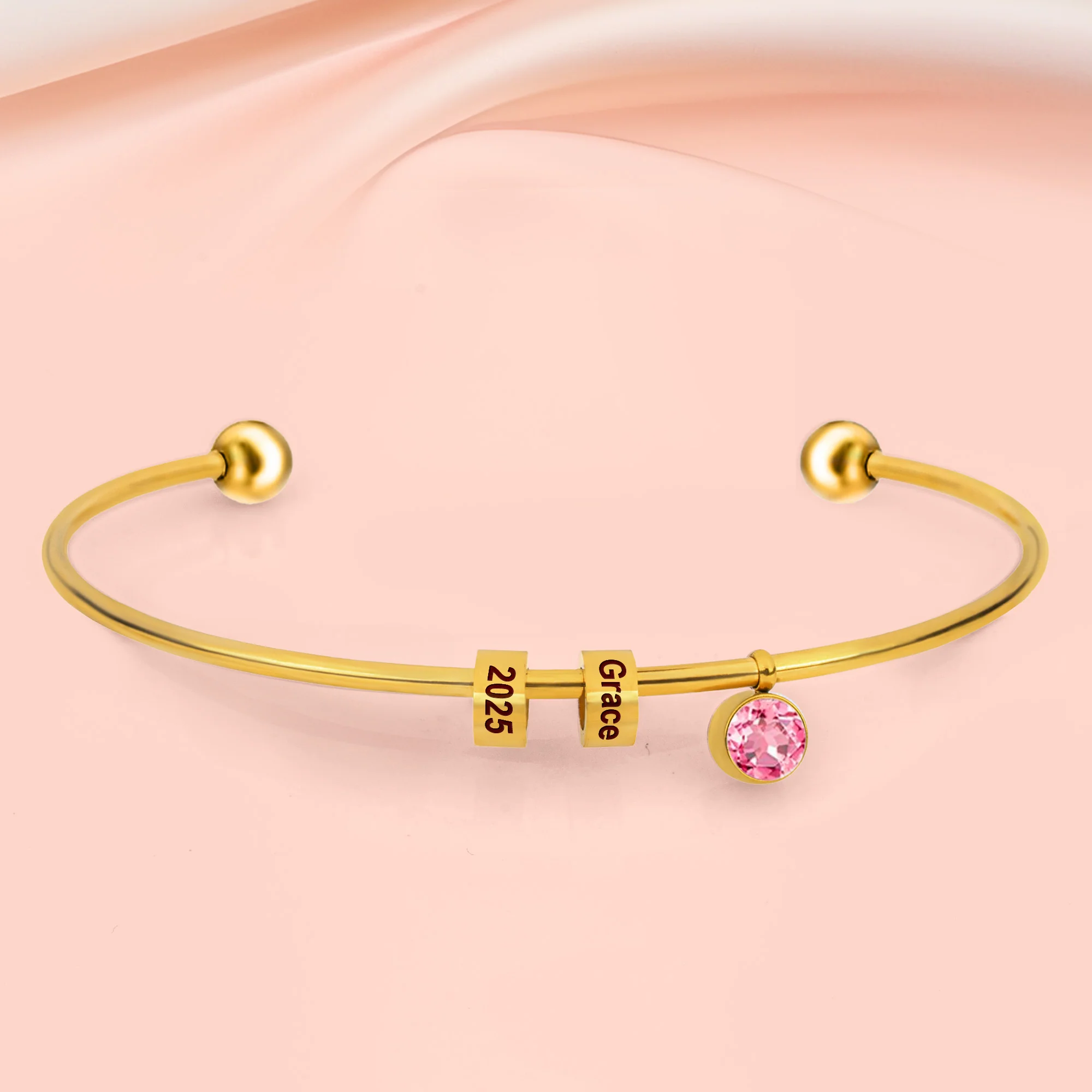 First Mother's Day Gift- Personalized Engravable Bead Name Cuff Bracelet With Birthstone