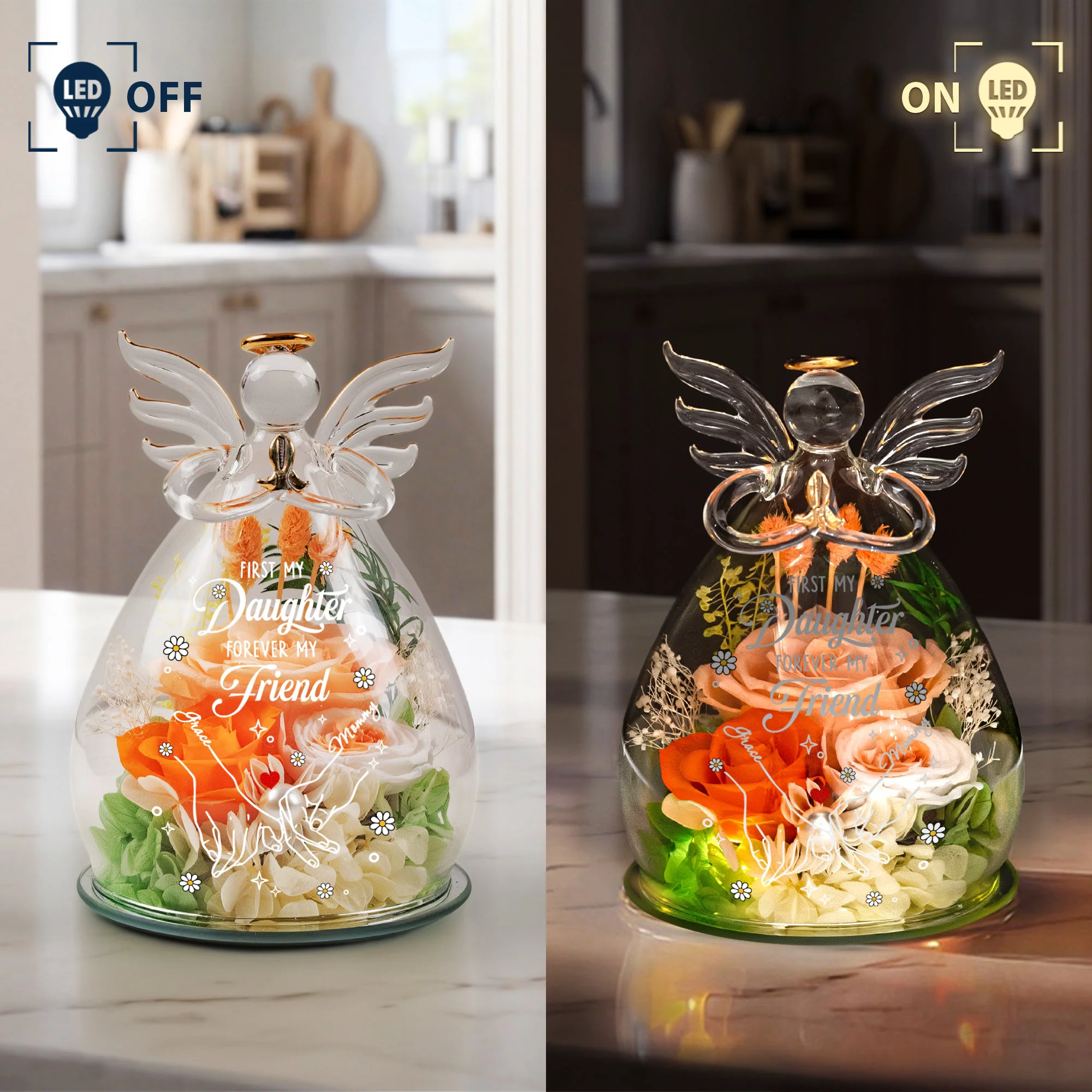 First My Daughter, Forever My Friend - Personalized Flower In Glass Angel Figurines - Image 4
