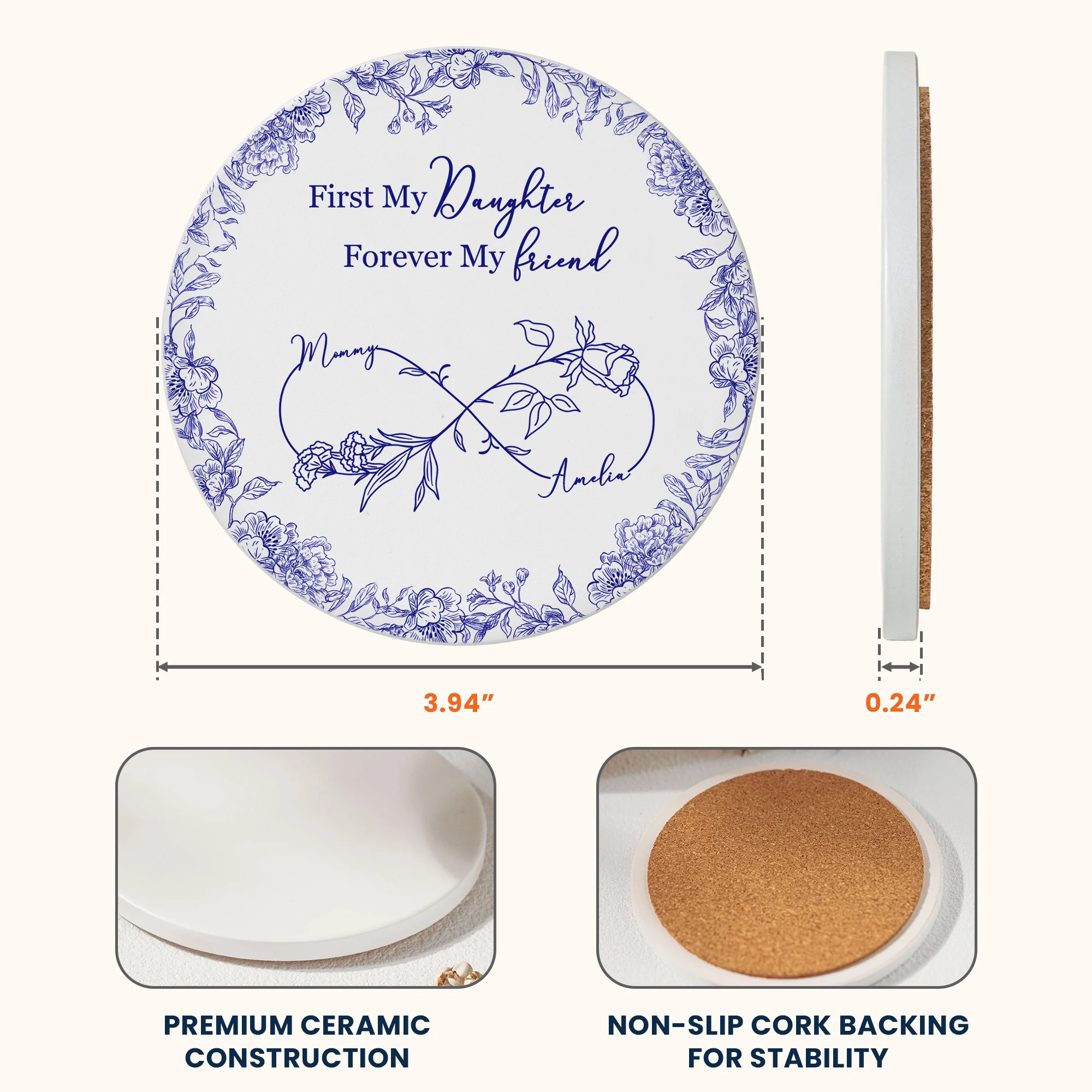 First My Daughter Forever My Friend Toile De Jouy Birth Flower - Personalized Coaster - Image 7