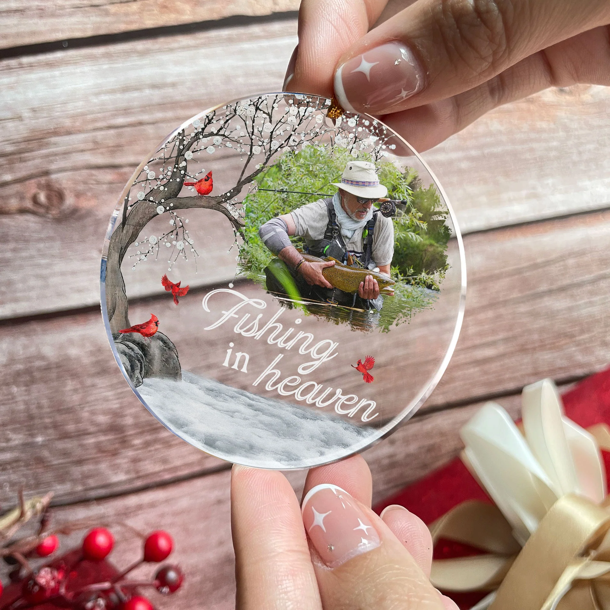 Fishing In Heaven Loss Of Dad, Husband Memorial - Personalized Acrylic Photo Ornament - Image 2