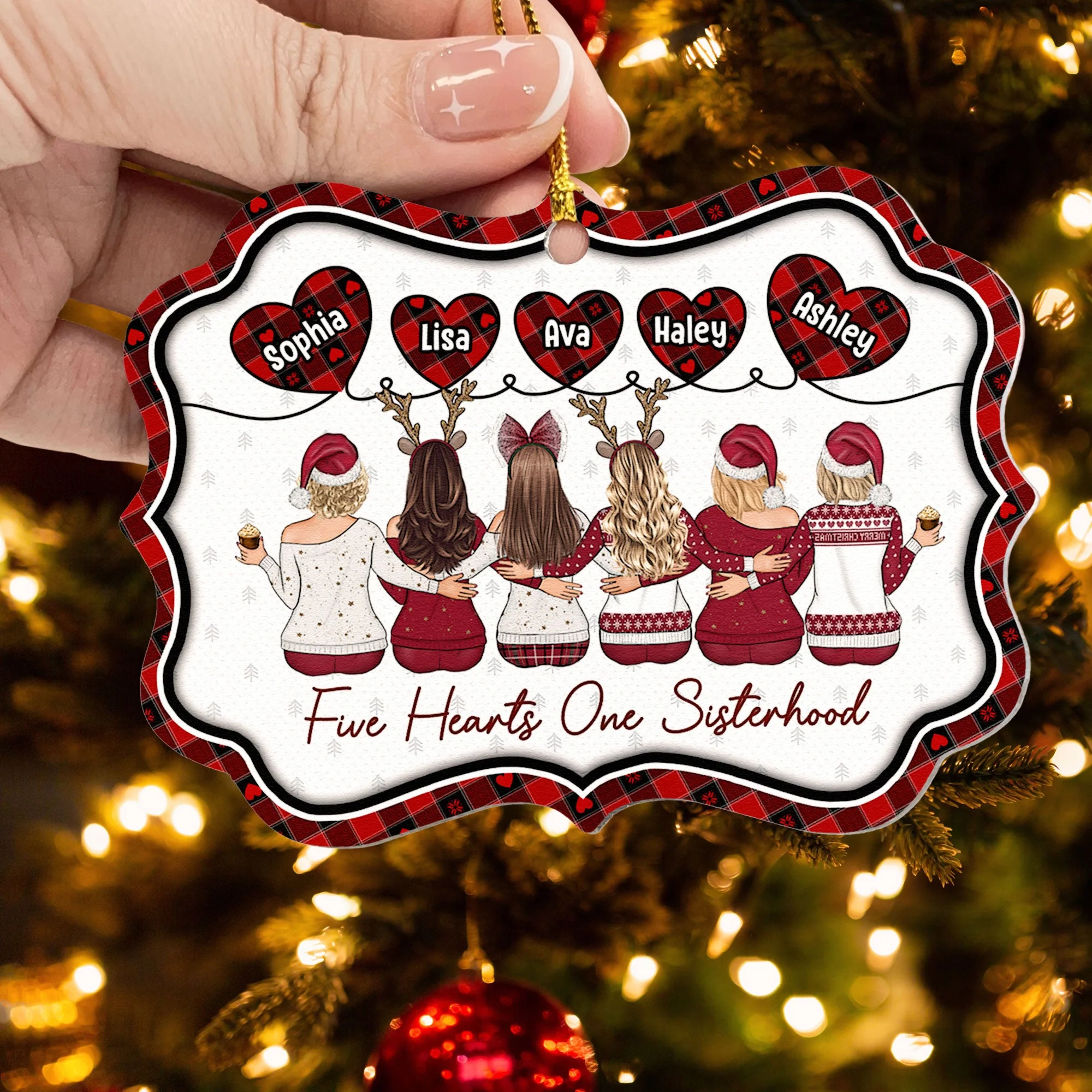 Five Hearts One Sisterhood - Personalized Aluminum Ornament - Image 3