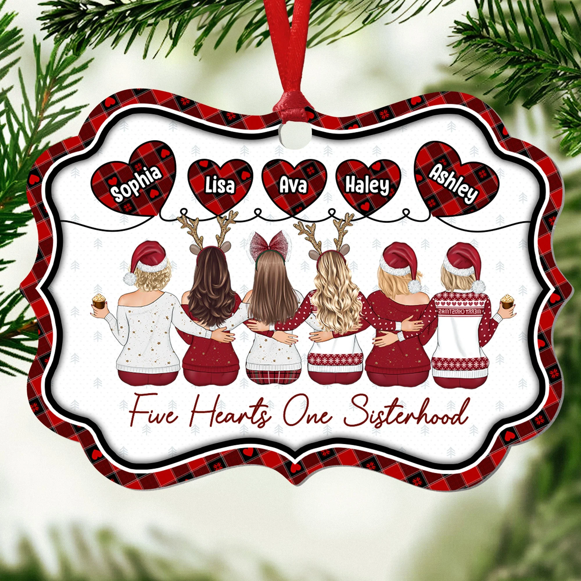 Five Hearts One Sisterhood - Personalized Aluminum Ornament - Image 4