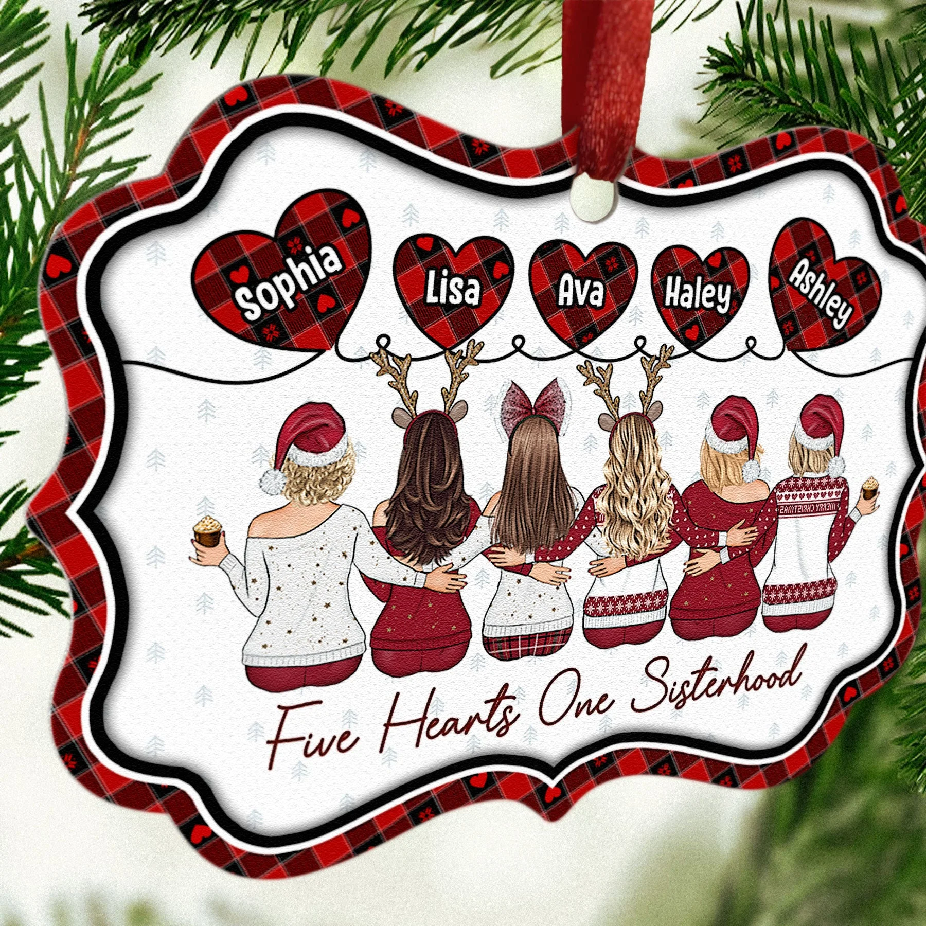 Five Hearts One Sisterhood - Personalized Aluminum Ornament - Image 5