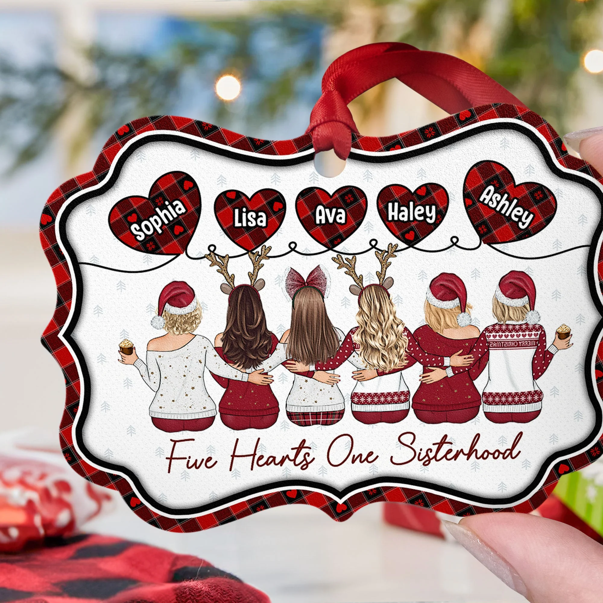 Five Hearts One Sisterhood - Personalized Aluminum Ornament - Image 6