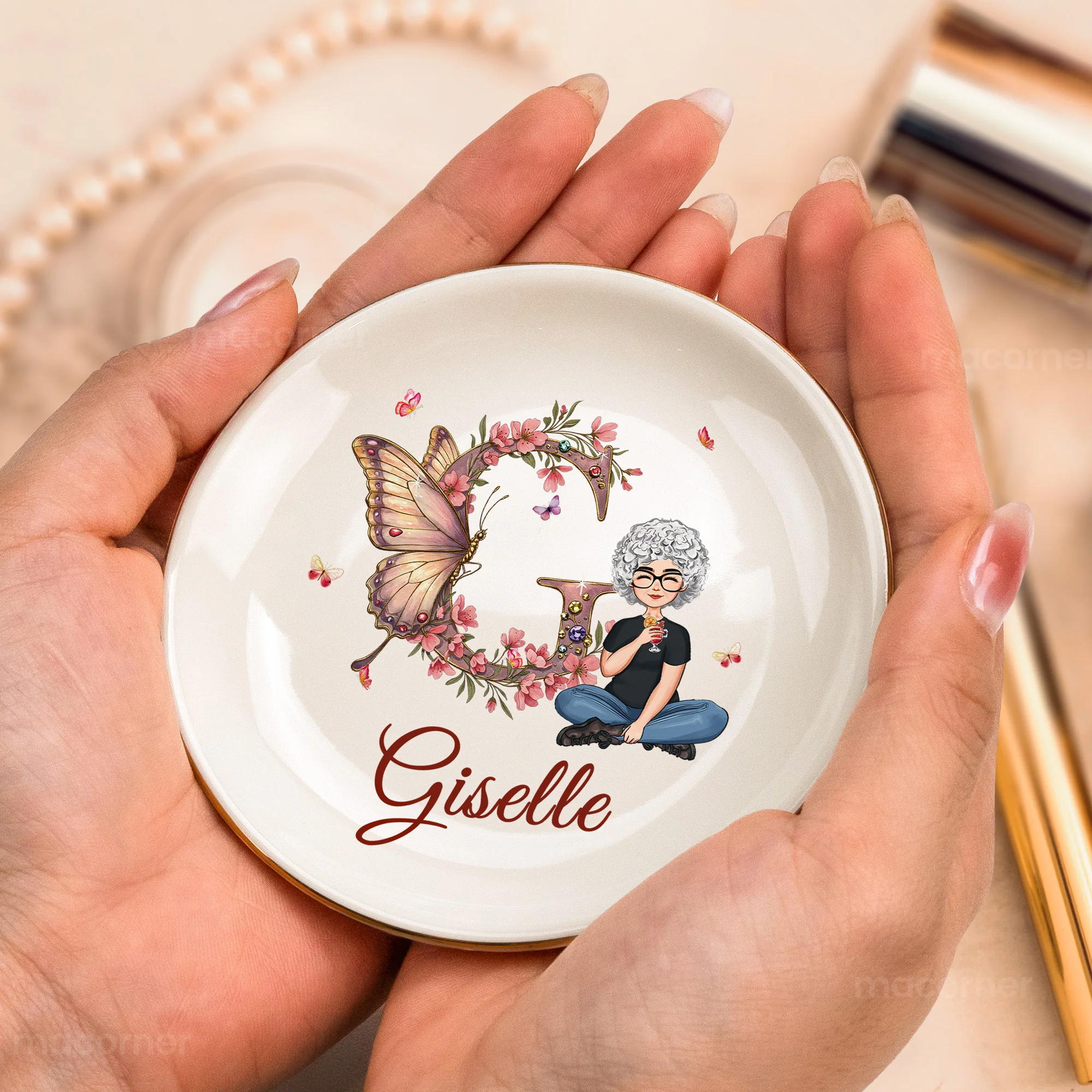 Floral Butterfly Monogram Letter Circle-shaped - Personalized Jewelry Dish - Image 3