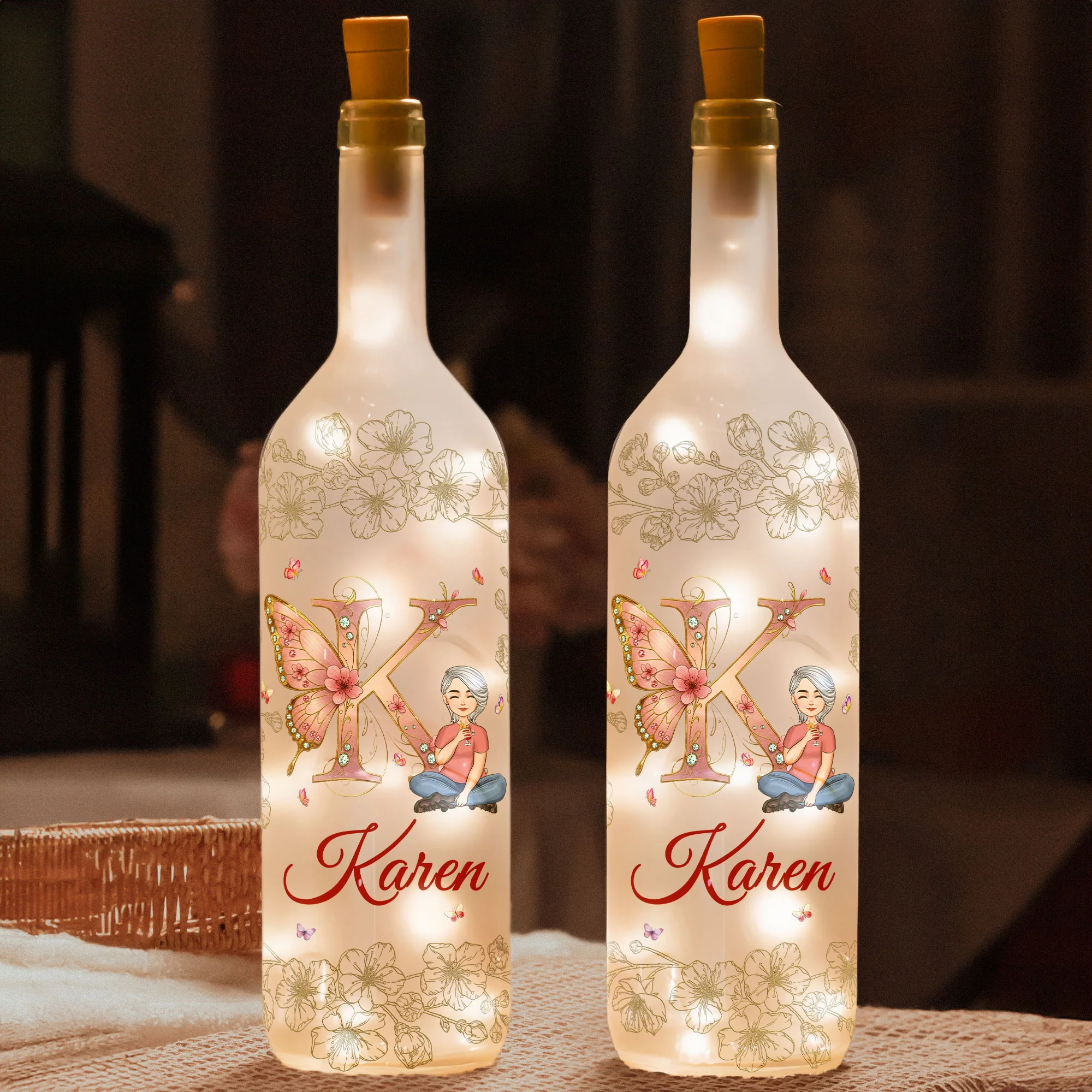 Floral Butterfly Monogram Letter - Personalized Bottle Lamp - Image 2