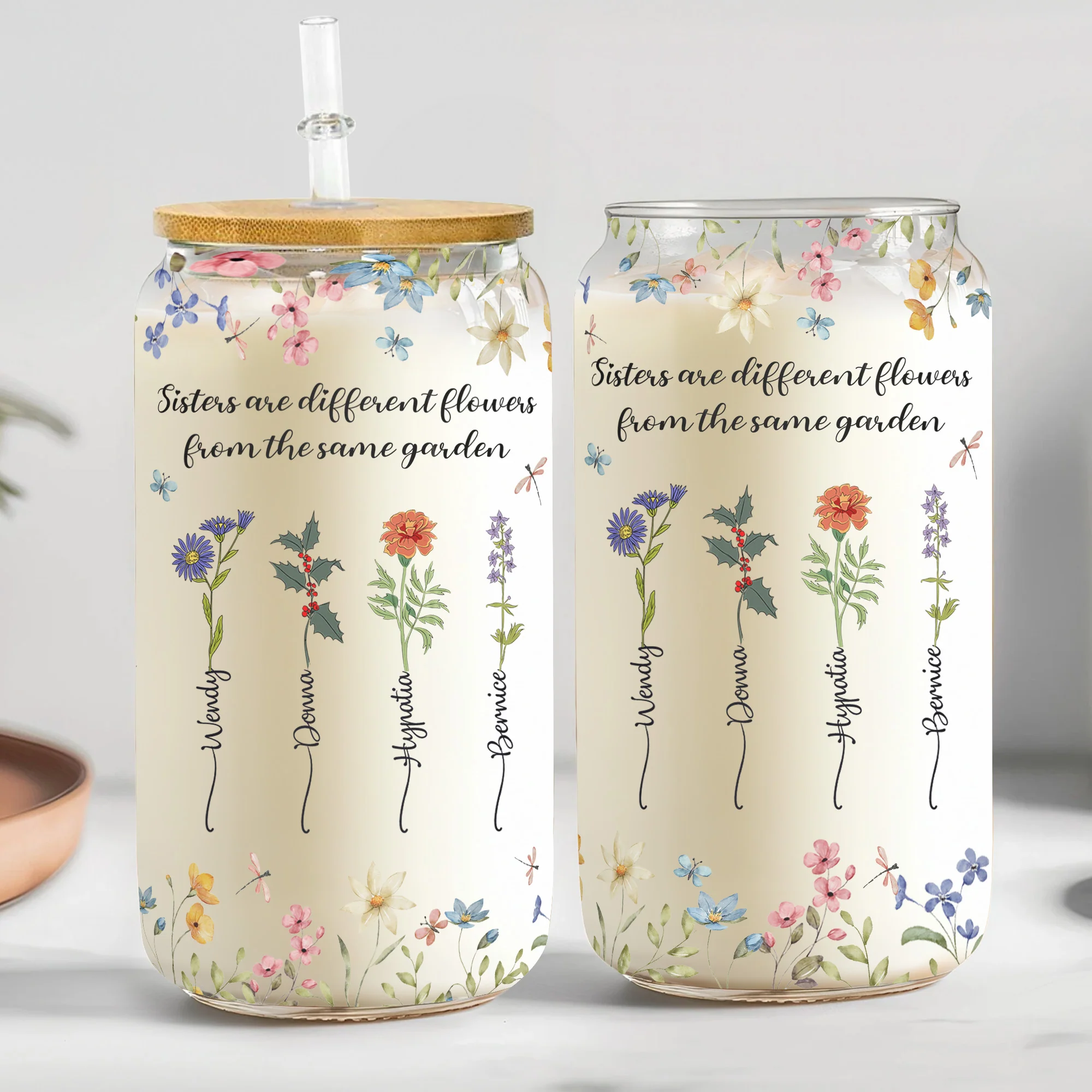 Floral Sisters Are Different Flowers From The Same Garden - Personalized Clear Glass Cup - Image 3