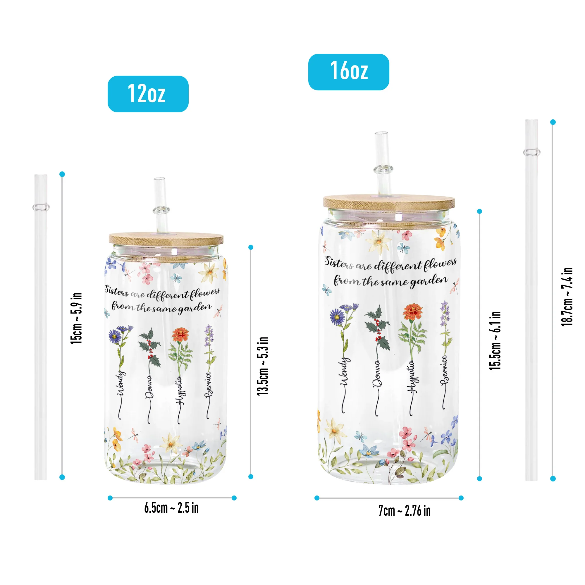 Floral Sisters Are Different Flowers From The Same Garden - Personalized Clear Glass Cup - Image 4
