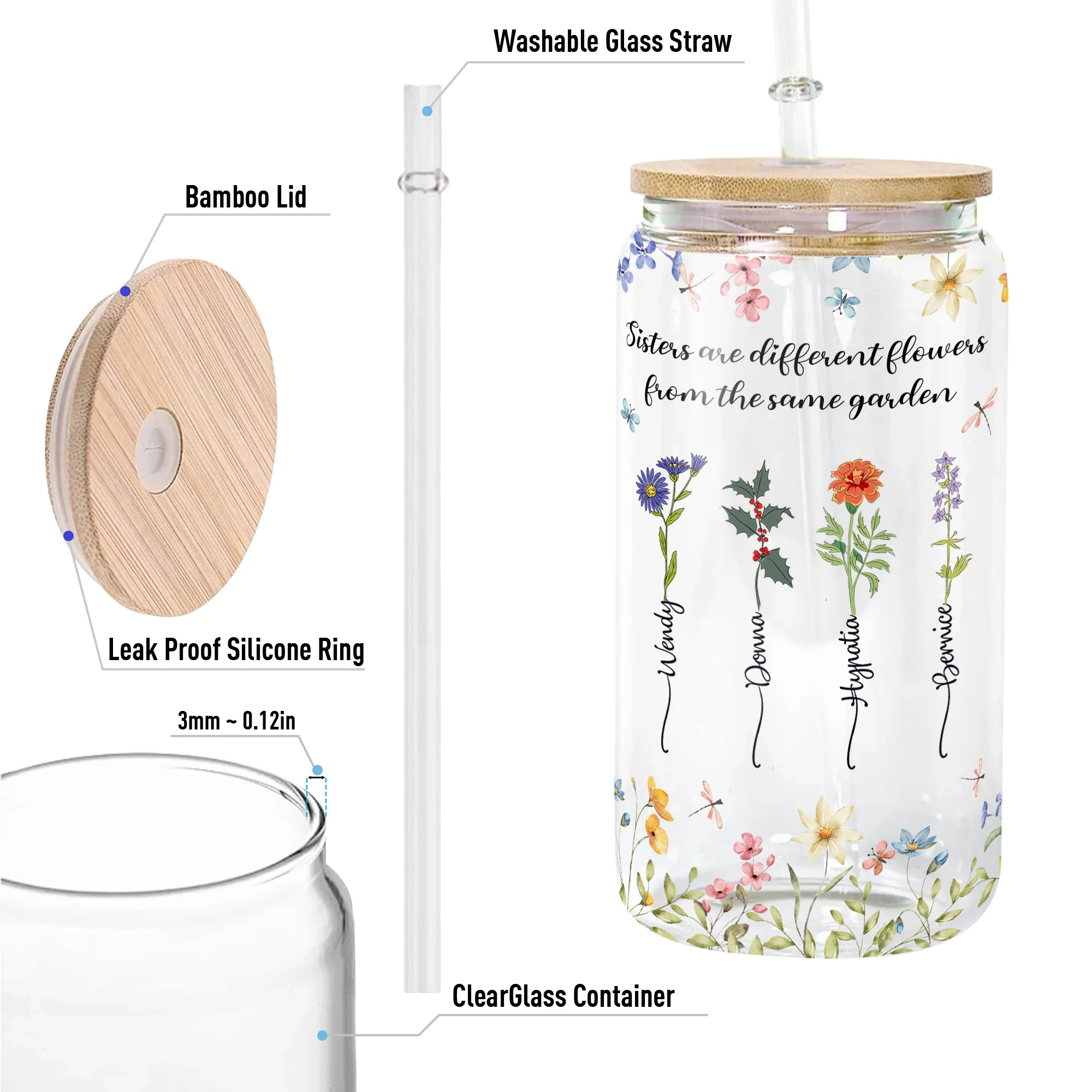 Floral Sisters Are Different Flowers From The Same Garden - Personalized Clear Glass Cup - Image 5