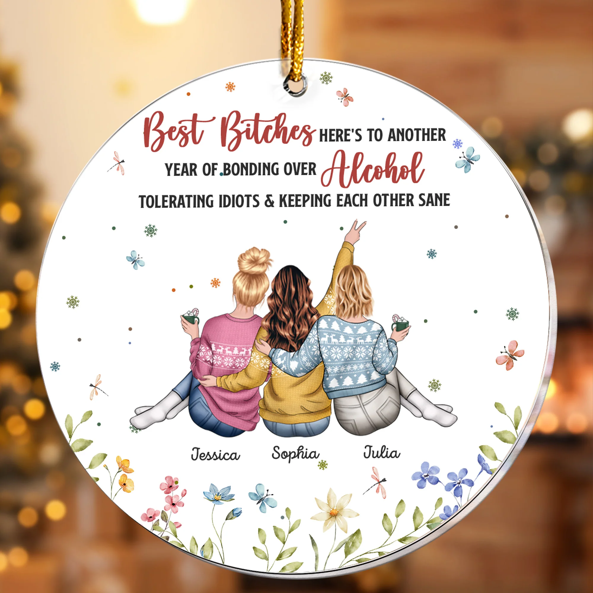 Floral Style Here's To Another Year Of Bonding Over Alcohol - Personalized Acrylic Ornament - Image 2