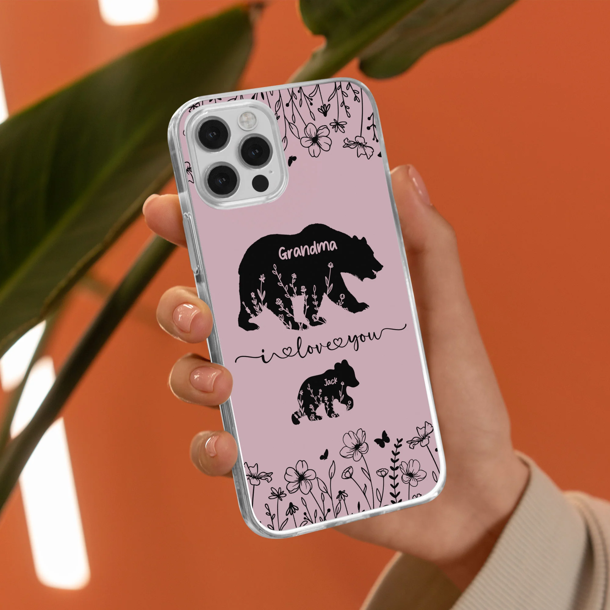 Flower Grandma Bear Mama Bear Custom Kid Name - Personalized Clear Phone Case - Image 2