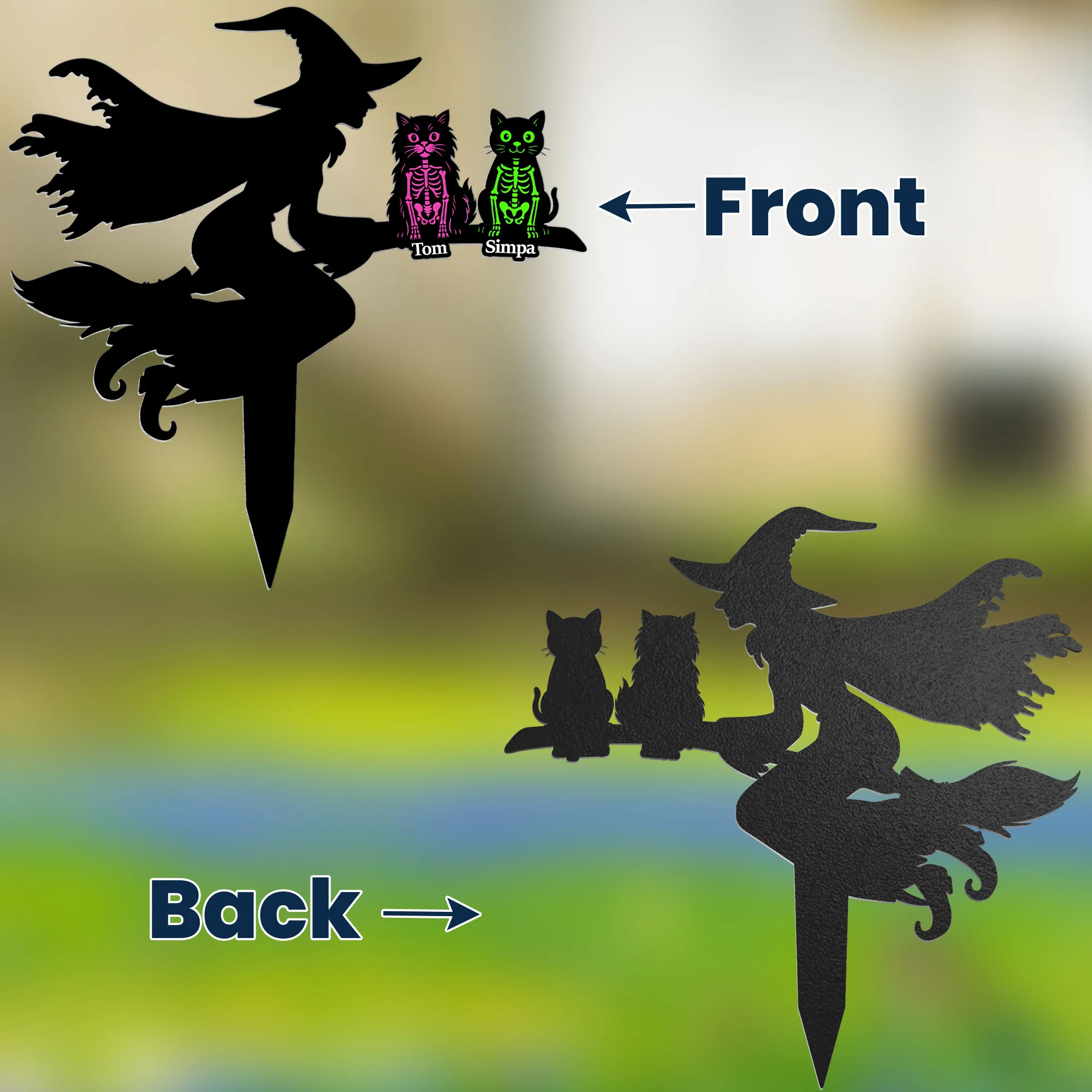 Flying Witch On Broom With Cat Skeleton Halloween - Personalized Metal Garden Stake - Image 2