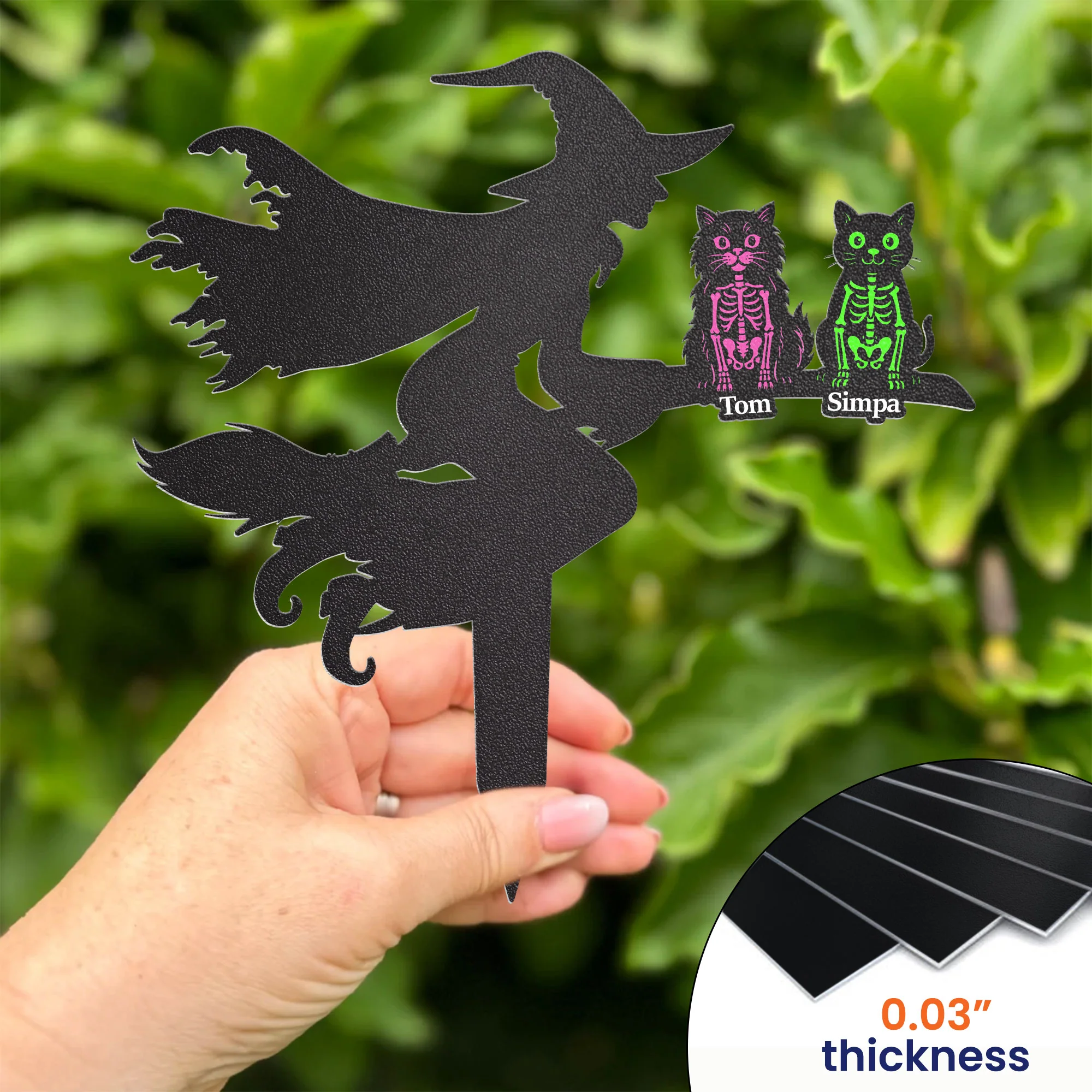 Flying Witch On Broom With Cat Skeleton Halloween - Personalized Metal Garden Stake - Image 3