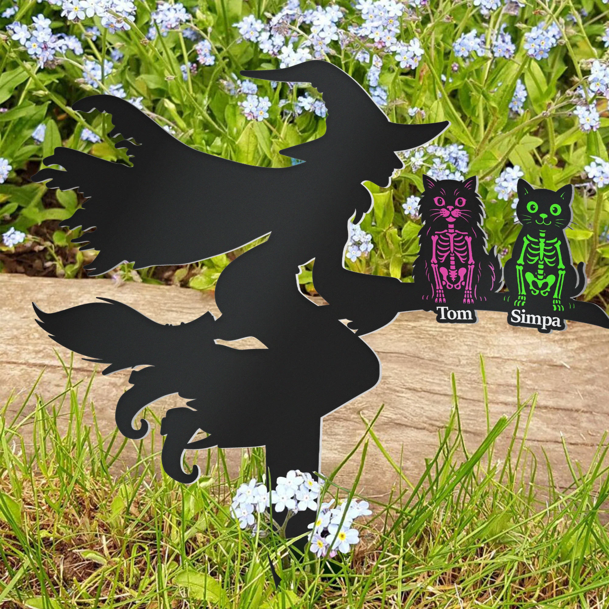 Flying Witch On Broom With Cat Skeleton Halloween - Personalized Metal Garden Stake - Image 5