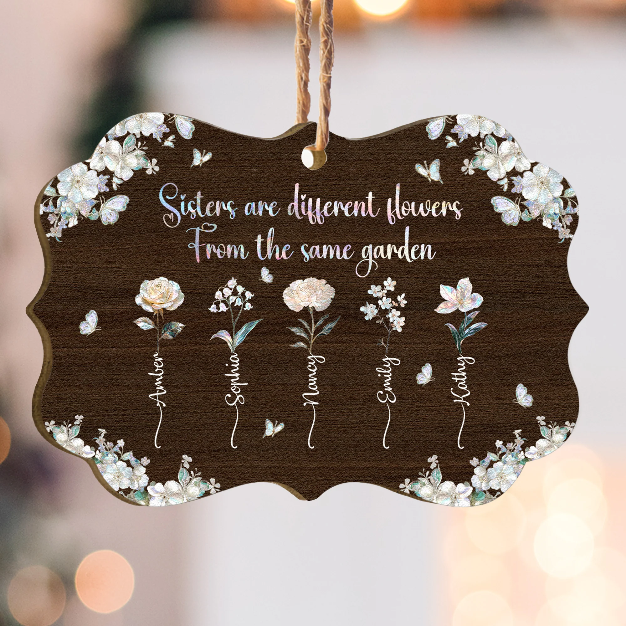 For Besties Sisters Custom Birth Flowers Pearl Effect Printed - Personalized Aluminum/Wooden Ornament - Image 4