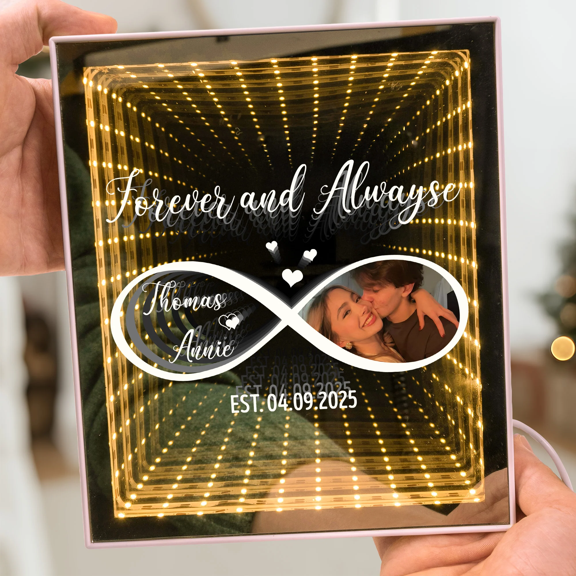Forever And Always Infinity Love, Romantic Gifts For Her - Personalized Infinity Mirror Light Photo Box - Image 4