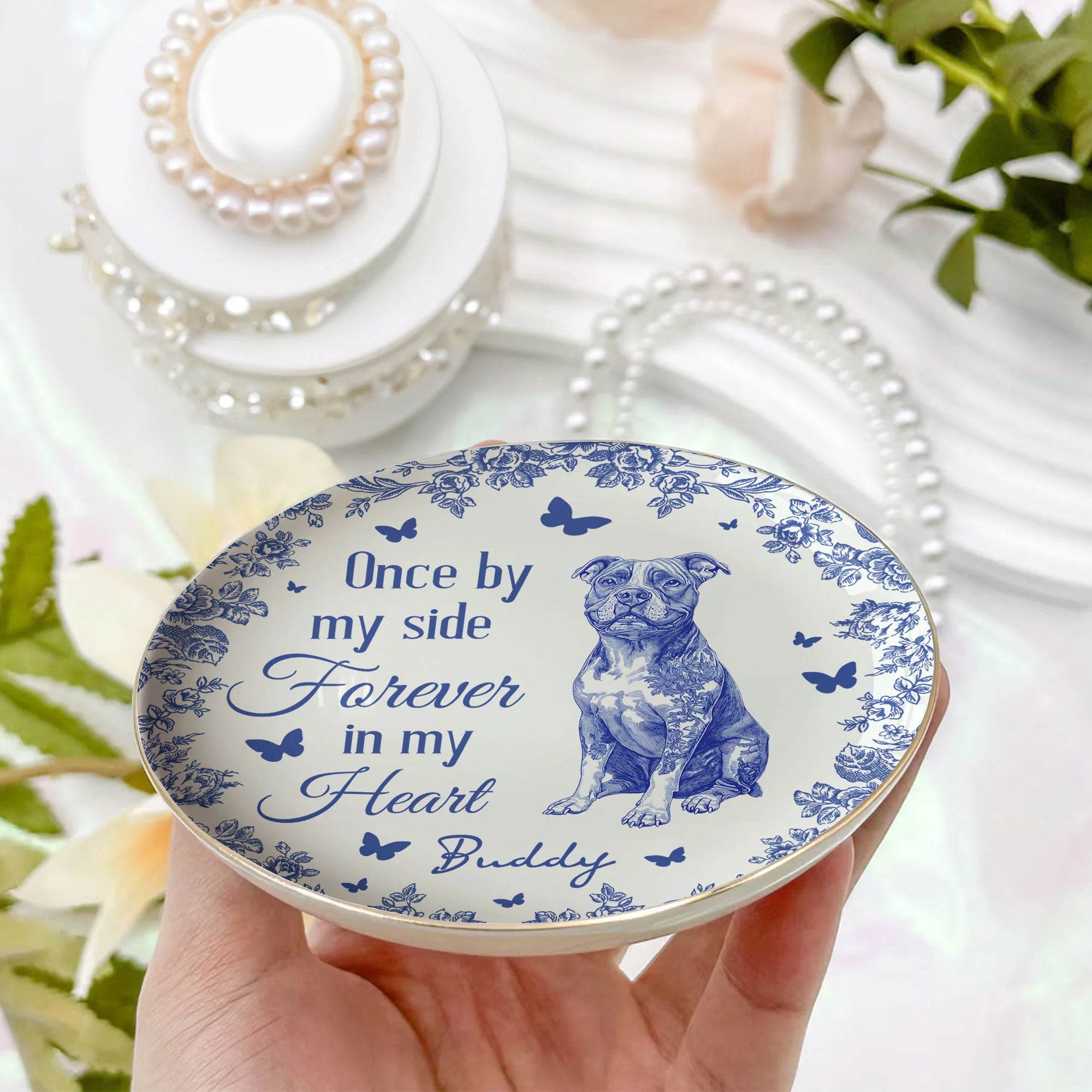 Forever In My Heart Memorial Dog Gift Toile De Jouy - Personalized Jewelry Dish - Image 2