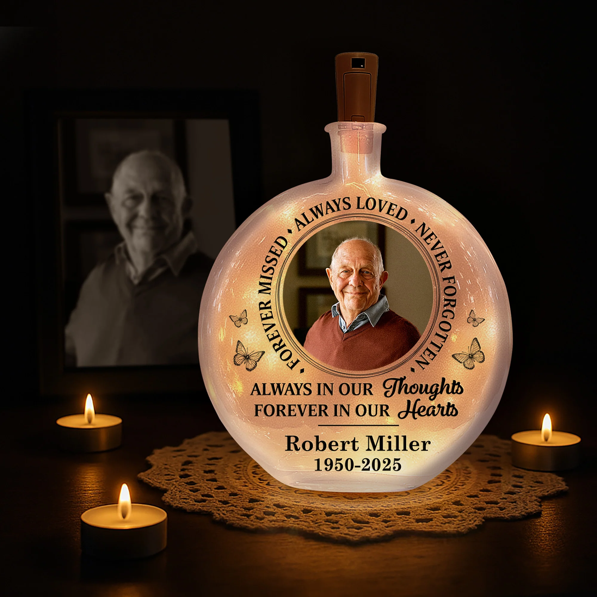 Forever Missed Always Loved Never Forgotten - Personalized Photo Round Flat Bottle Light - Image 2