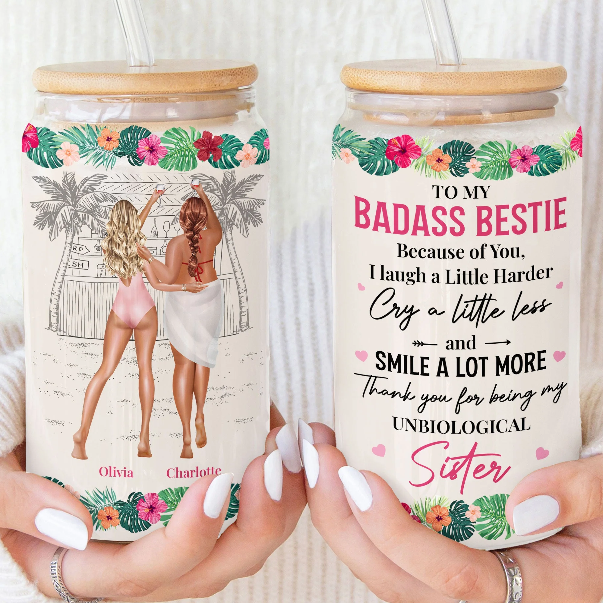 Friend Thank You I Laugh More Cry Less Summer Tiki Bar - Personalized Clear Glass Cup