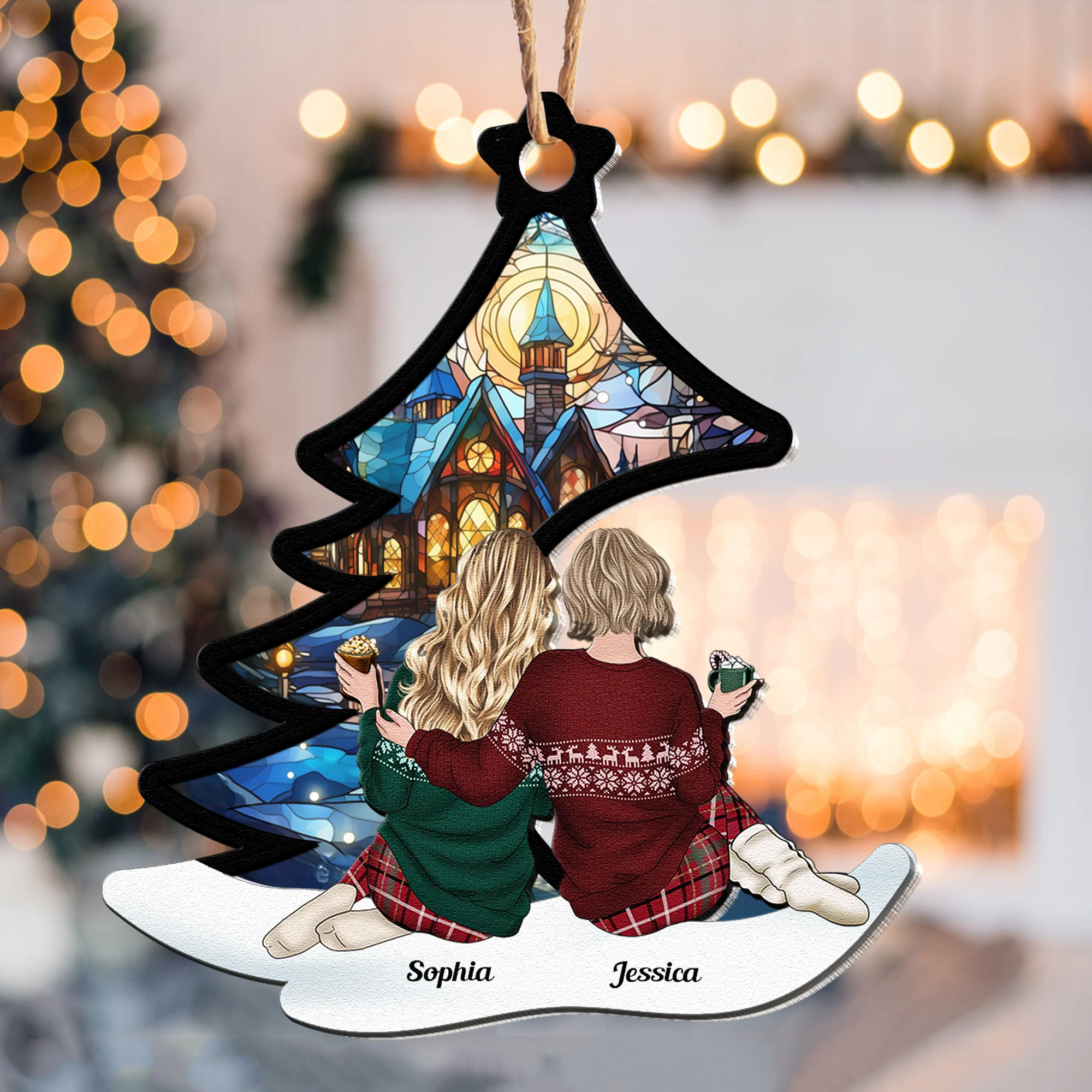 Friends Besties, Family Sitting Under Christmas Tree - Personalized Wood And Acrylic Ornament - Image 2