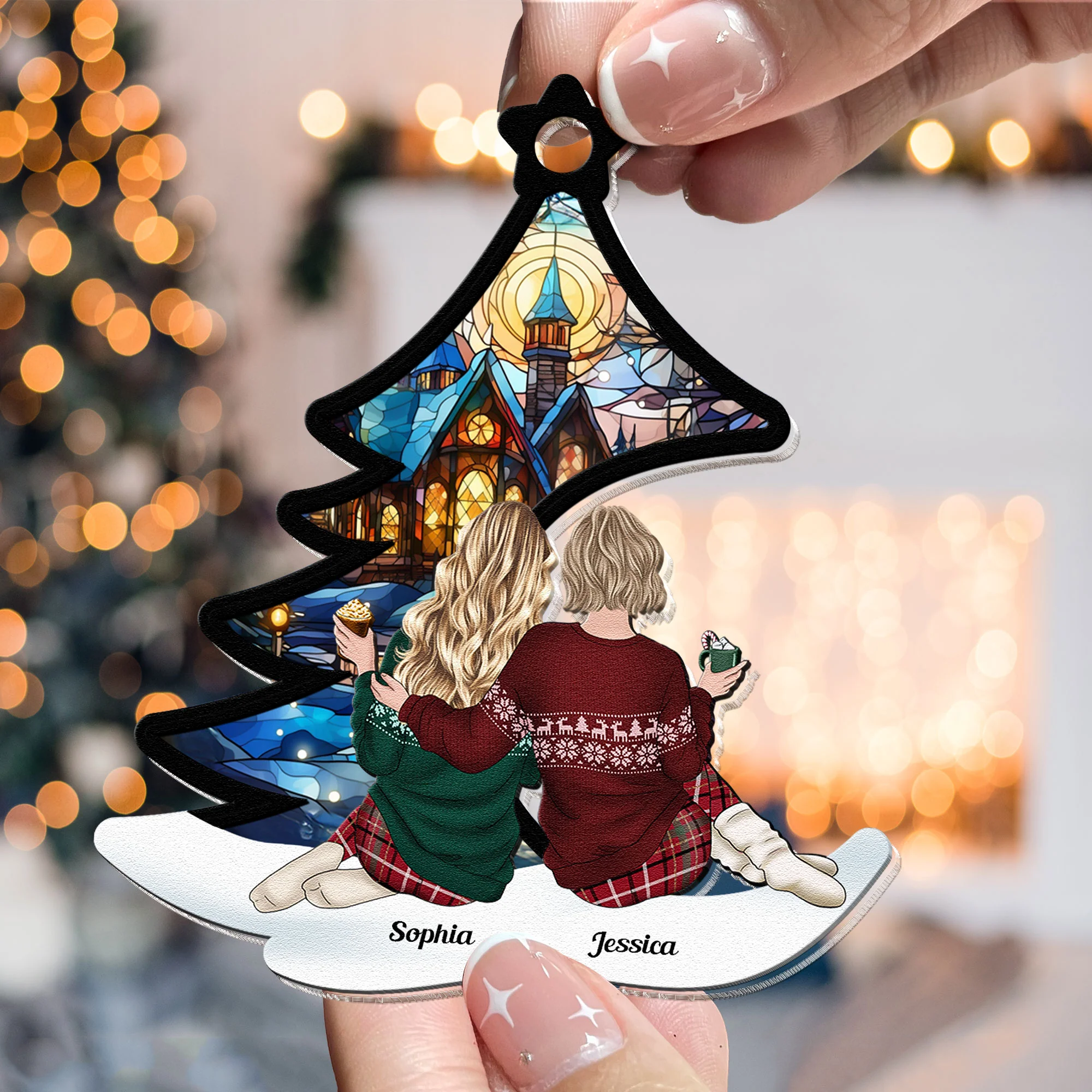 Friends Besties, Family Sitting Under Christmas Tree - Personalized Wood And Acrylic Ornament - Image 3