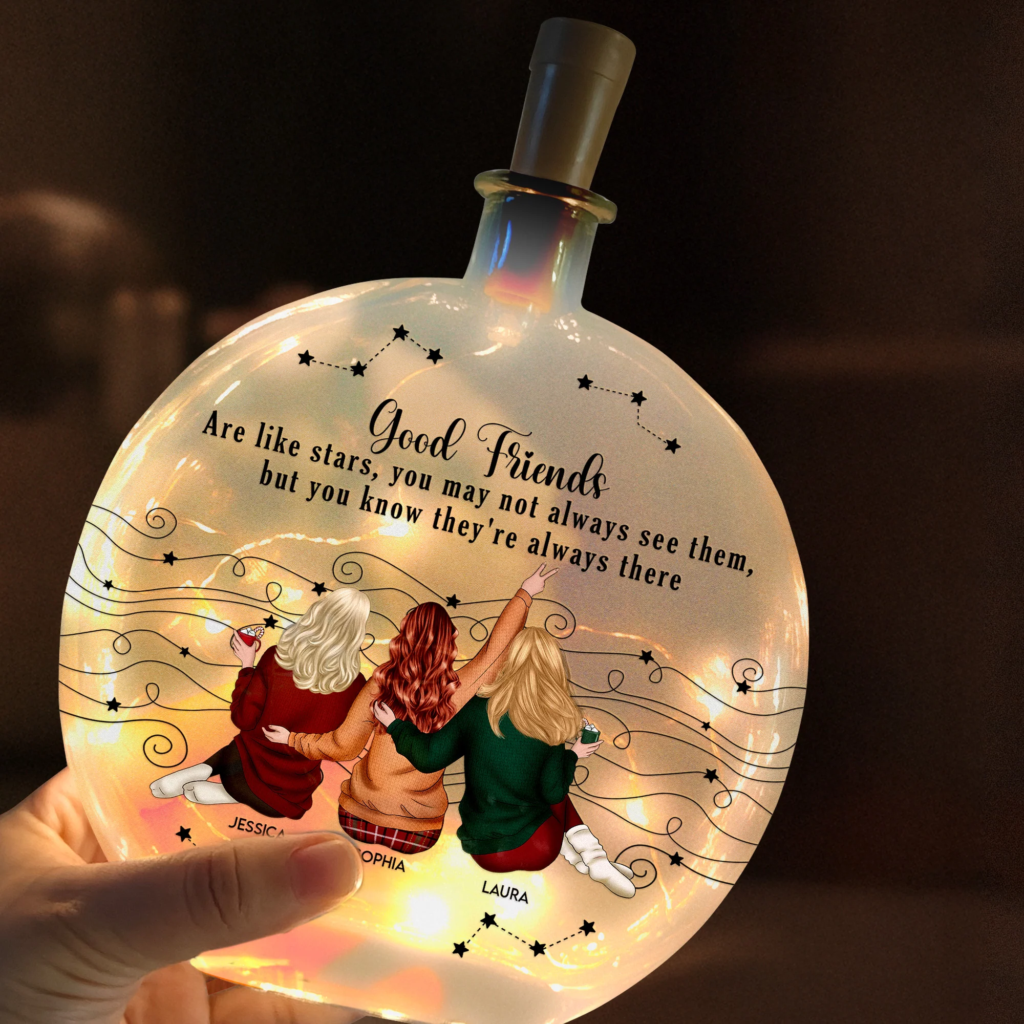 Friends Like Star - Thank You Gifts For Friends, Sisters - Personalized Round Flat Bottle Light - Image 4