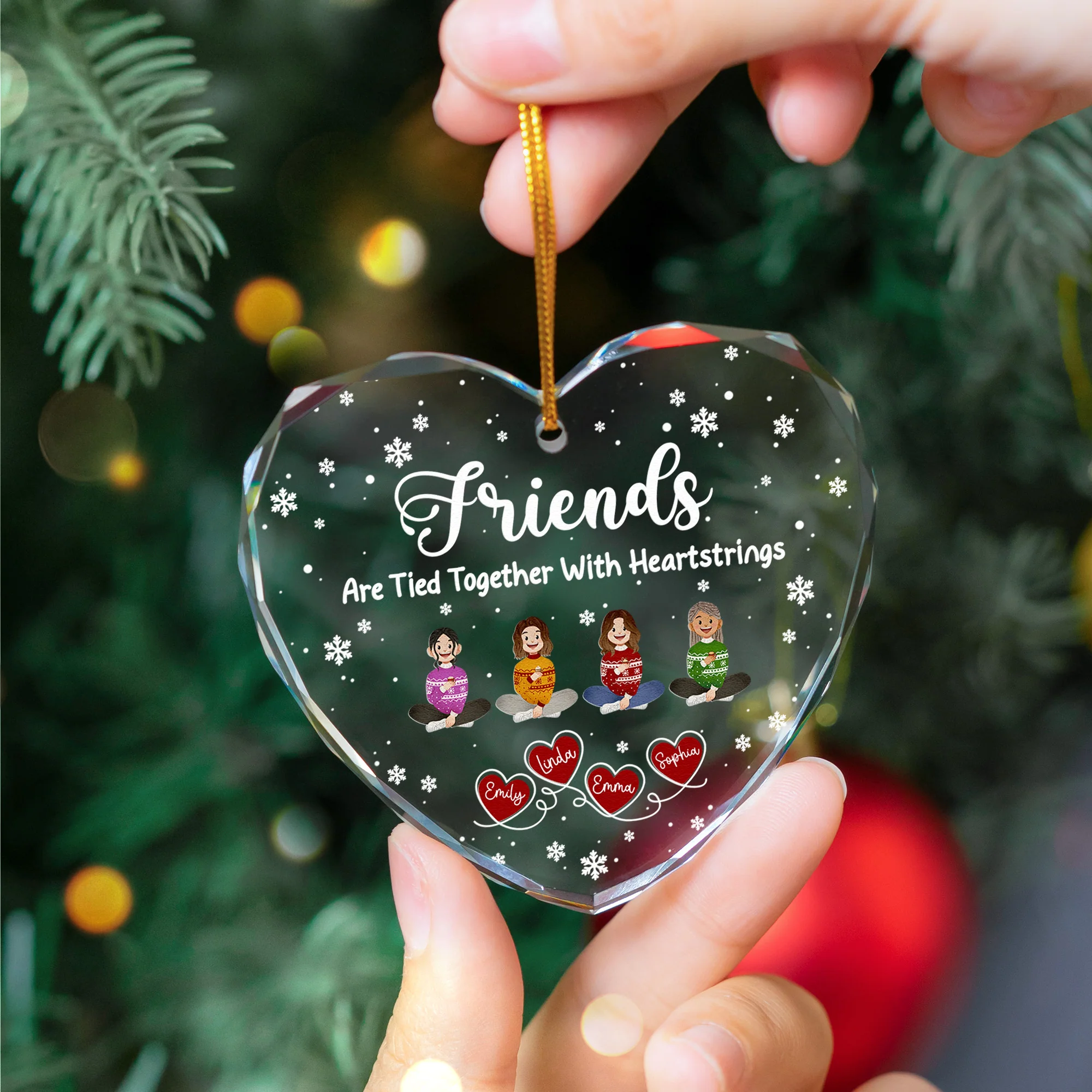 Friends Sisters Tied Together With Heartstrings - Personalized Heart Glass Ornament - Image 4