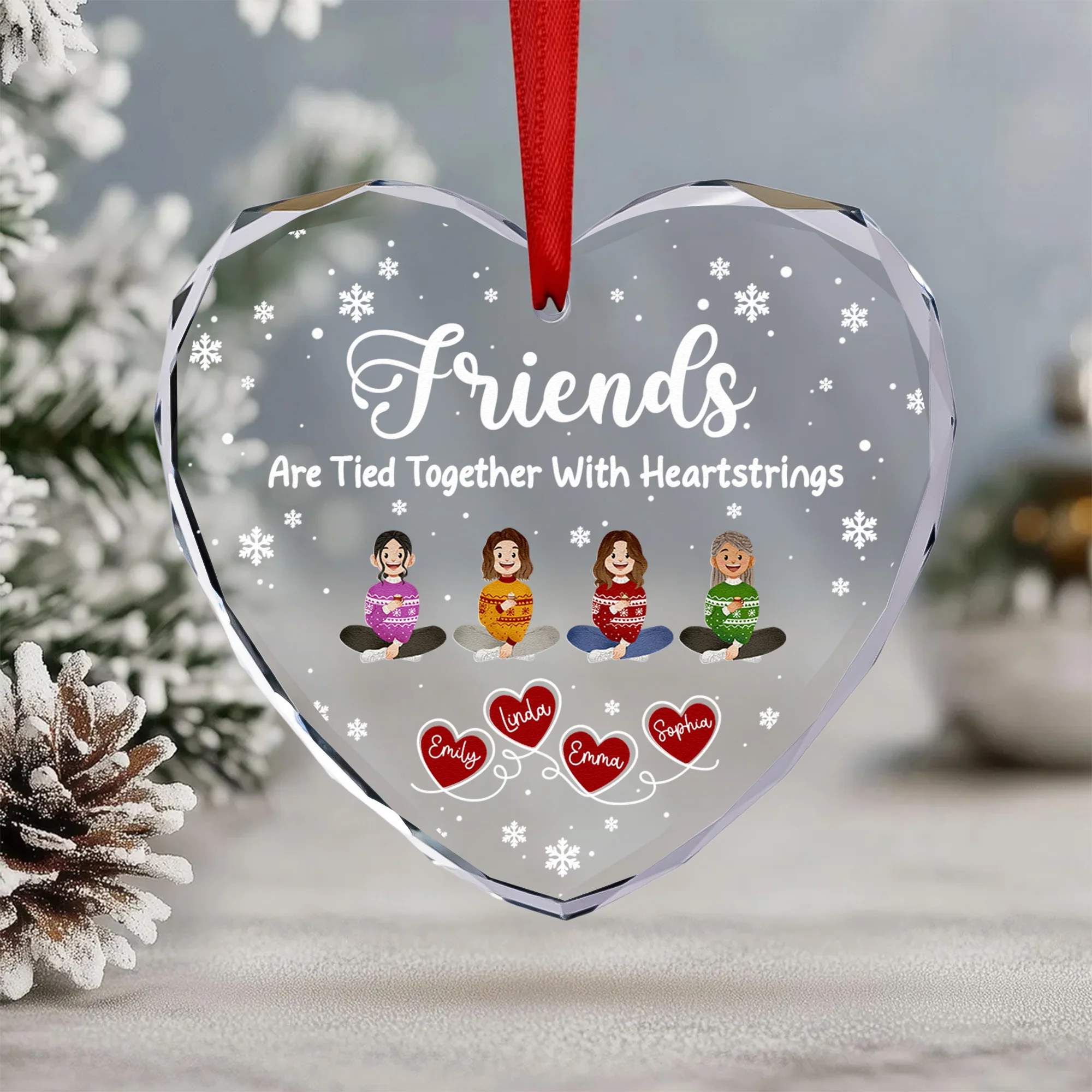 Friends Sisters Tied Together With Heartstrings - Personalized Heart Glass Ornament - Image 5