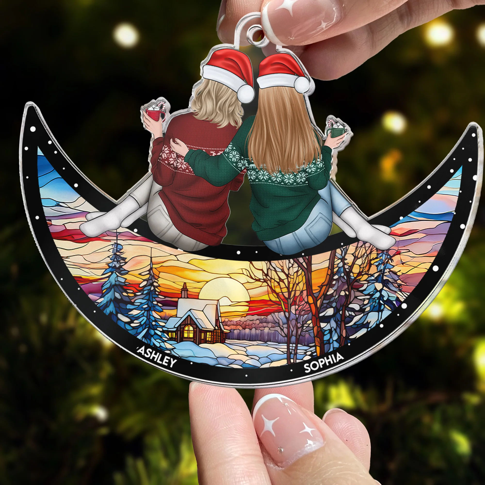 Sisters, Friends Sitting Together - Christmas Time - Personalized Acrylic Ornament - Image 2