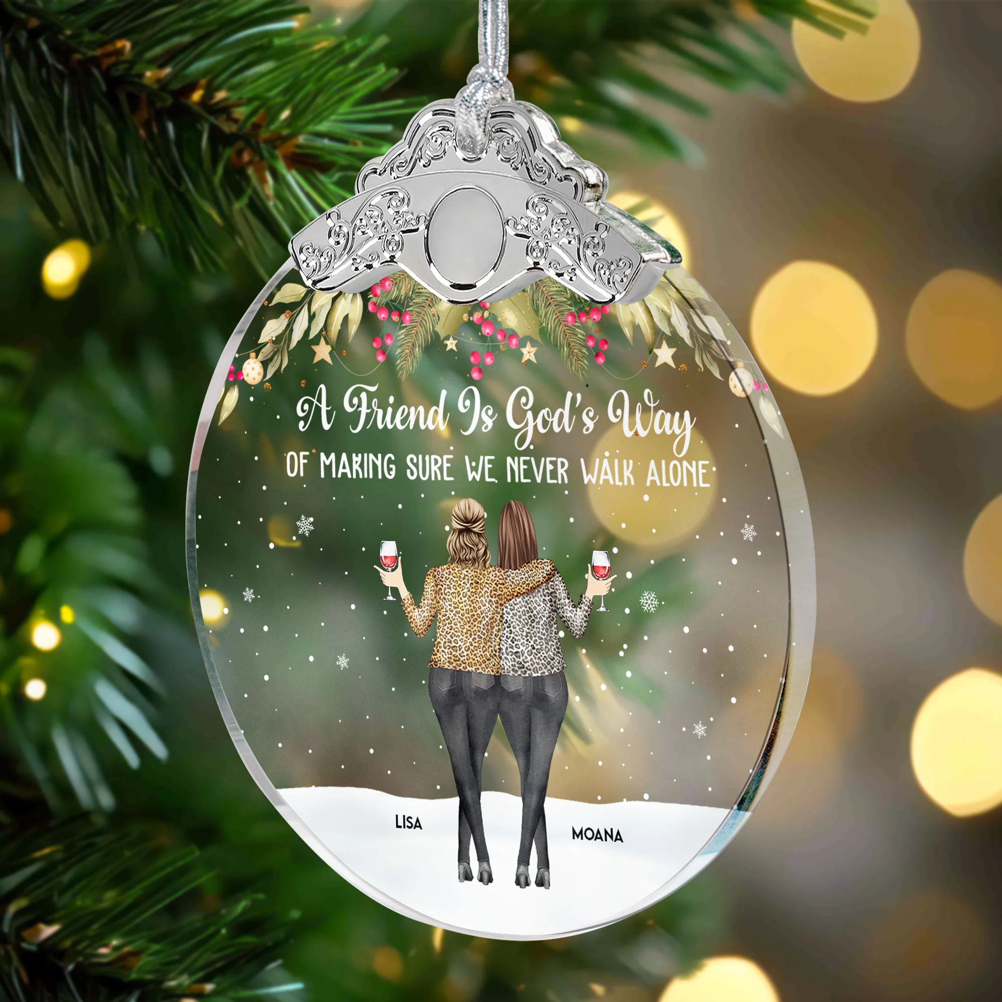 Friends We Never Walk Alone - Personalized Glass Ornament With Silver Cap - Image 3