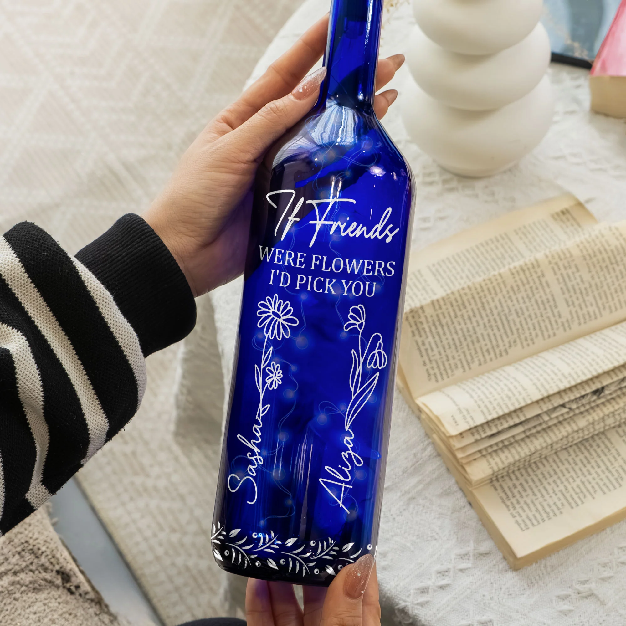 Friends Were Flowers I'd Pick You - Personalized Blue Bottle Lamp - Image 2