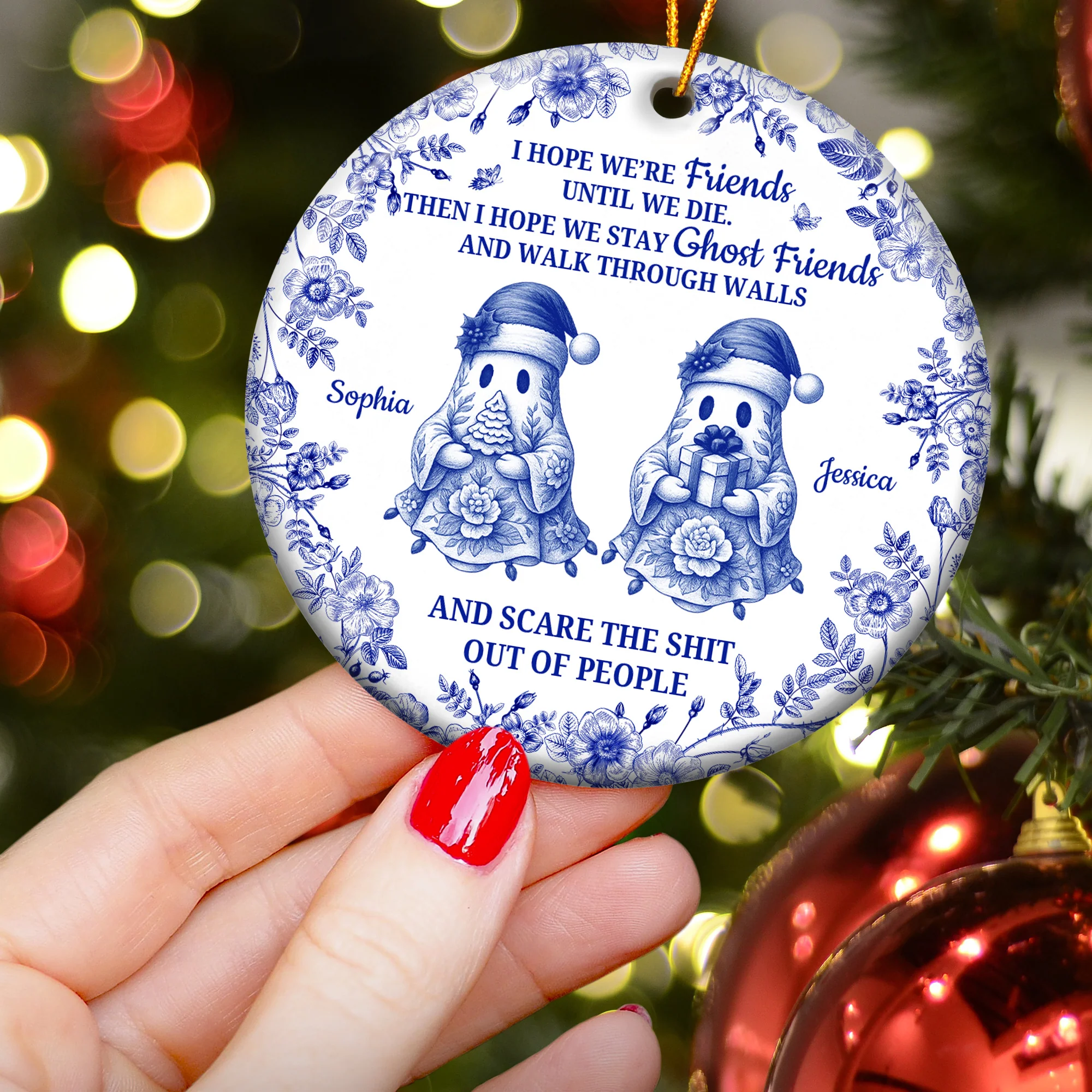 Friendship Gift Christmas Toile De Jouy Ornament - Personalized Ceramic Ornament - Image 3