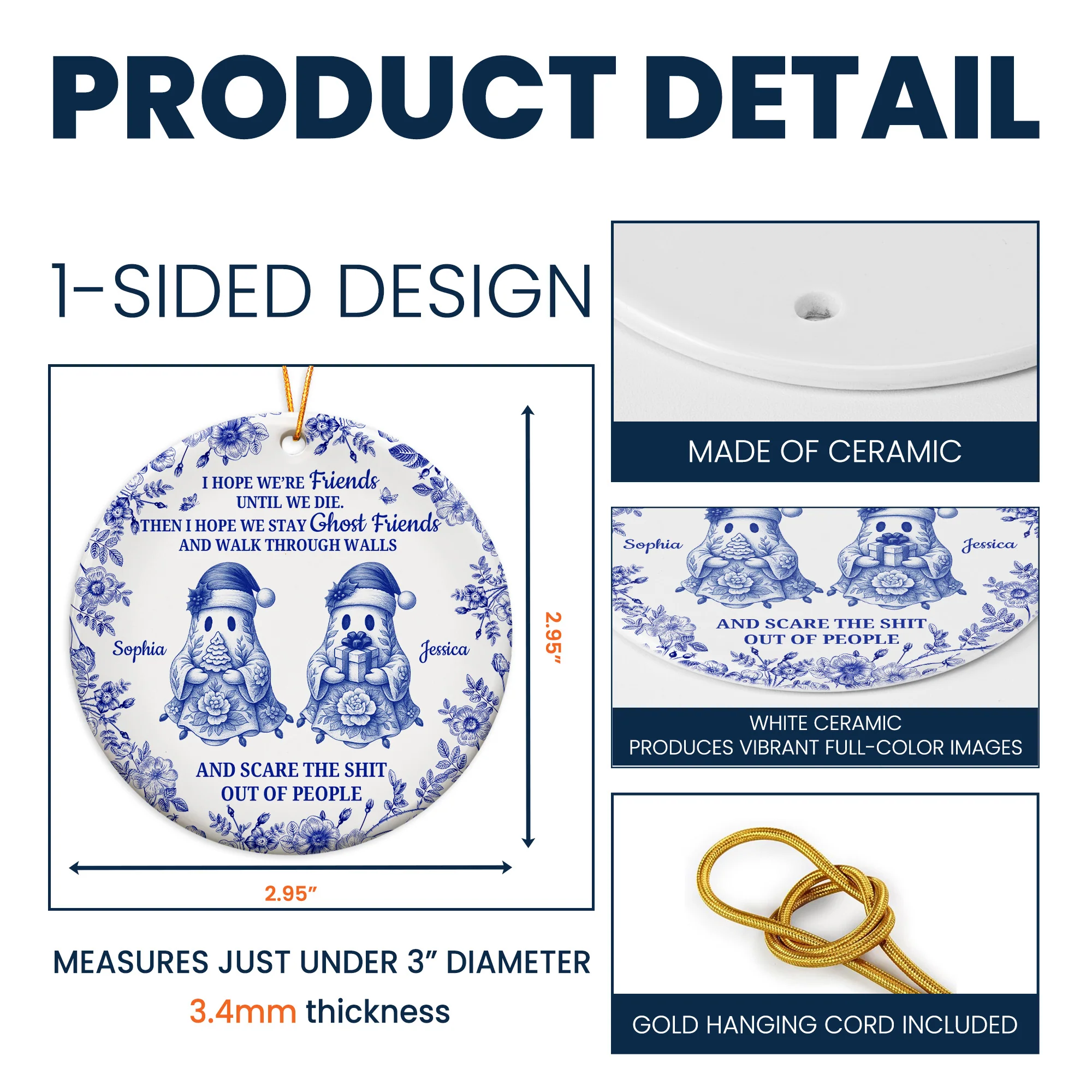 Friendship Gift Christmas Toile De Jouy Ornament - Personalized Ceramic Ornament - Image 5