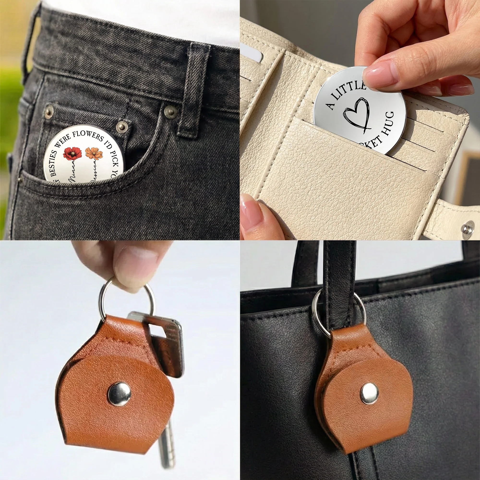 Friendship Thank You Gifts For Sisters, Besties - Custom Birth Flowers - Personalized Leather Pocket Hug - Image 3