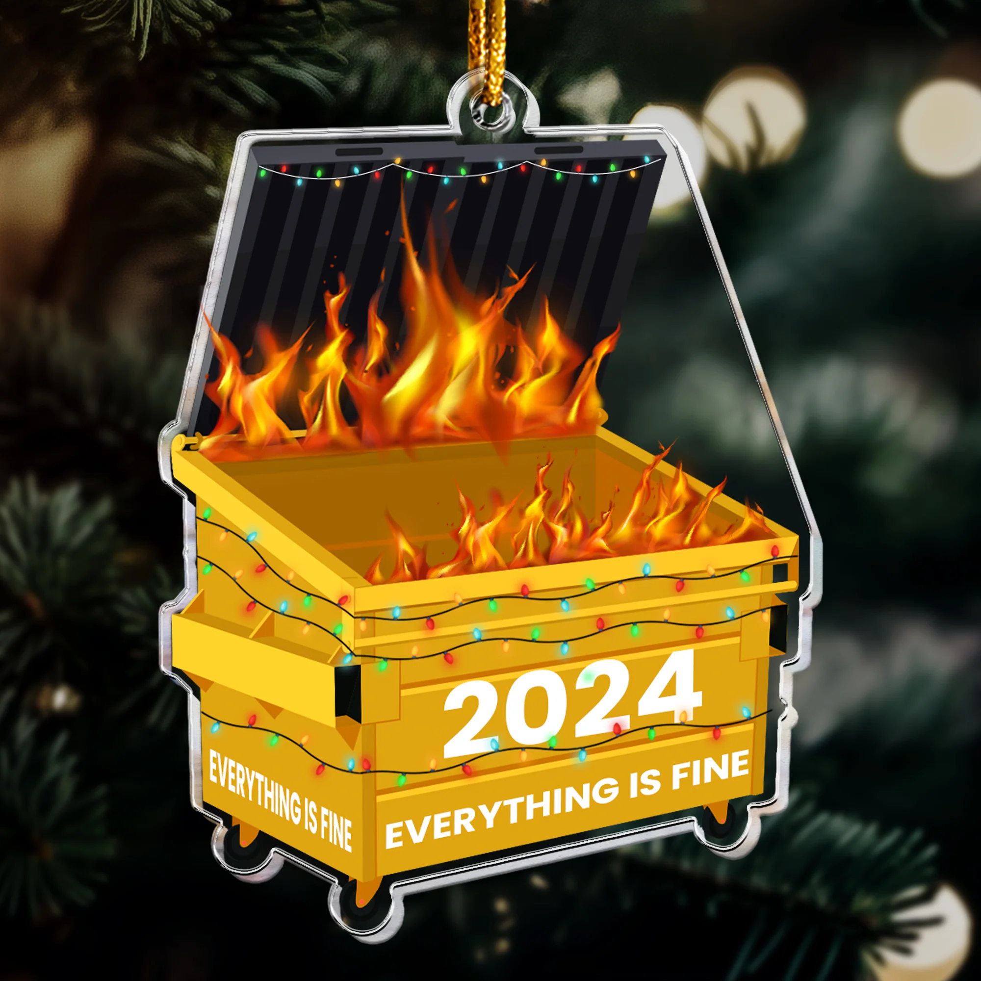 Fun Ornament Upload Photo - 2024 Dumpster On Fire - Everything Is Fine - Personalized Acrylic Photo Ornament - Image 8