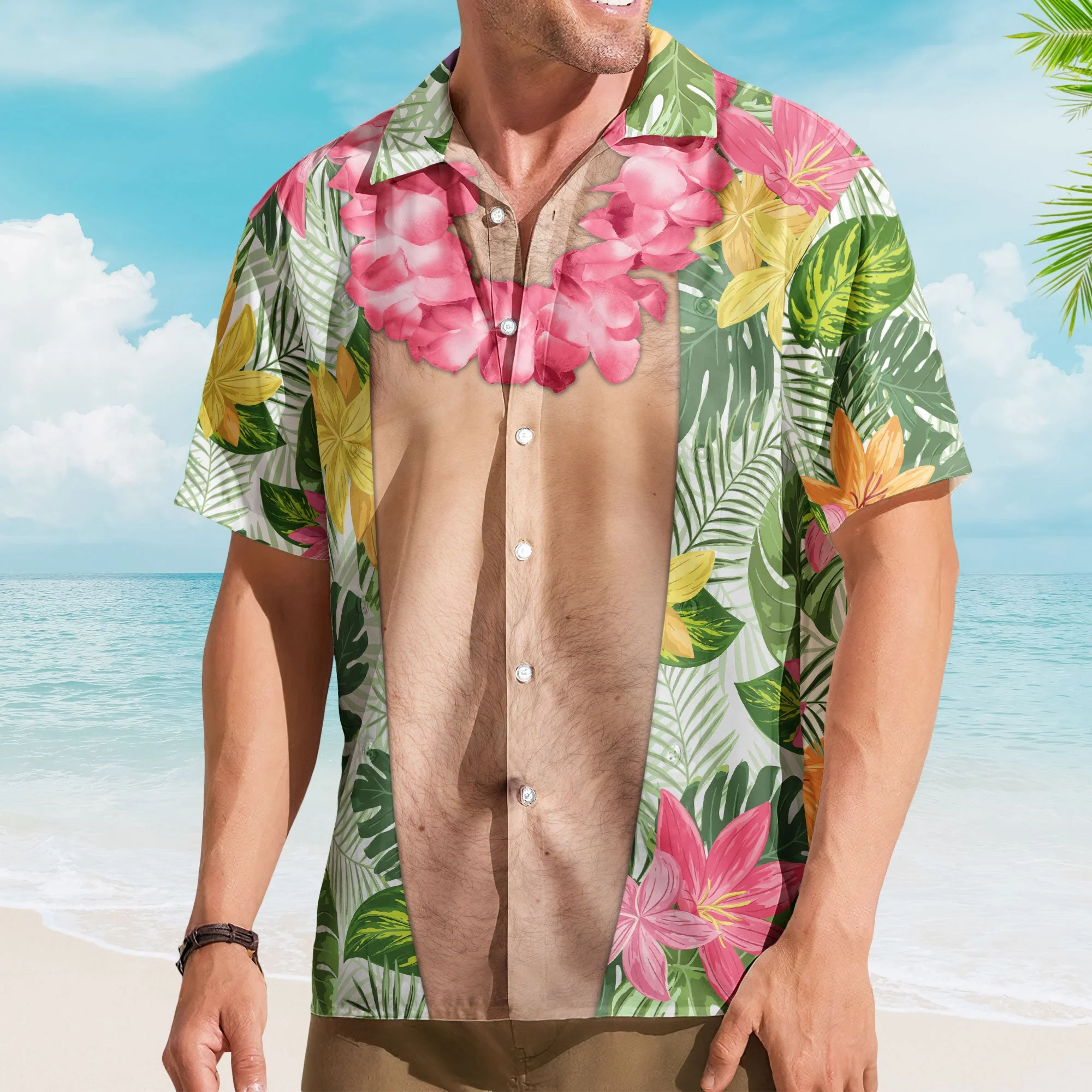 Funny Big Belly Aloha With Tropical Flowers - Custom Hawaiian Shirt - Image 4