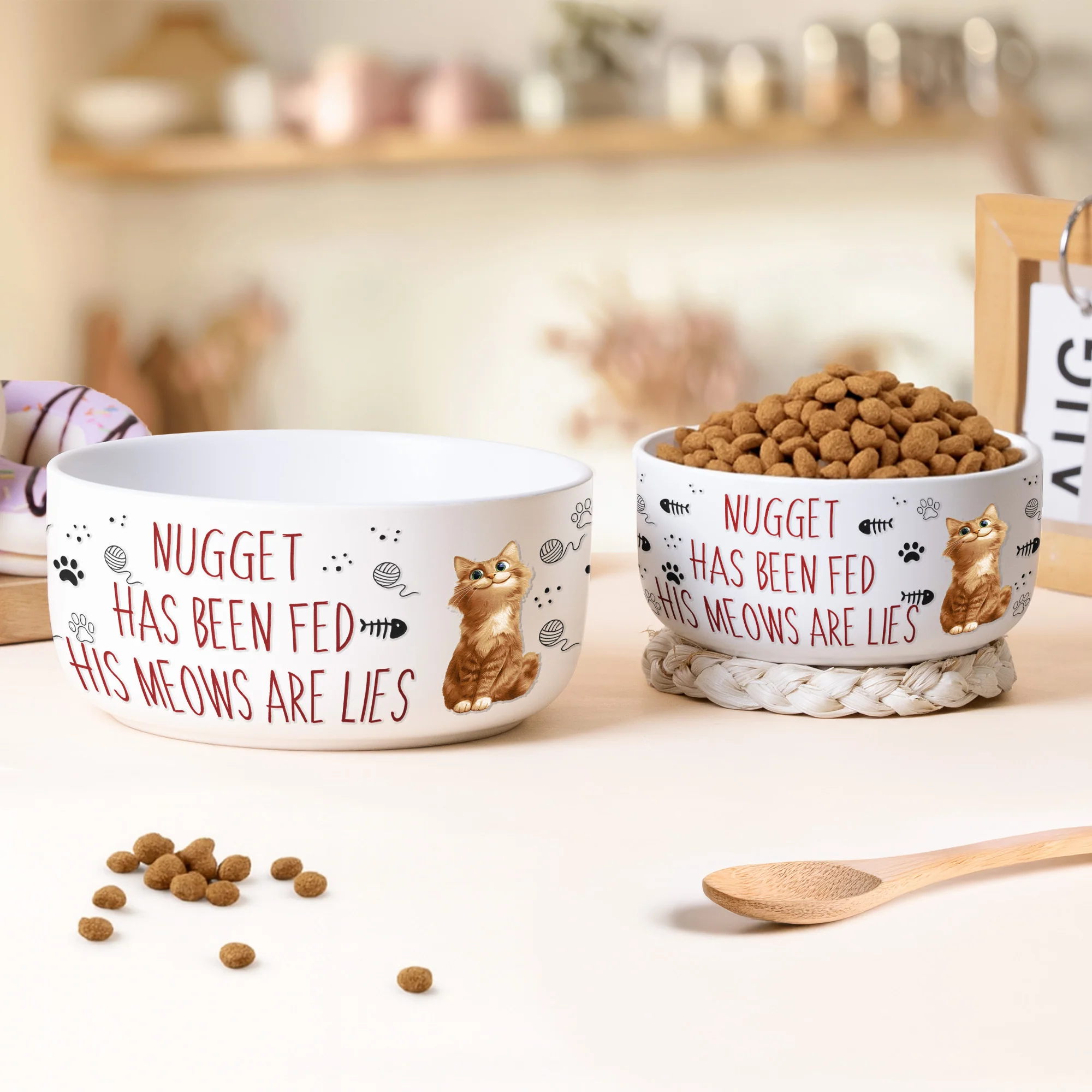 Funny Cat Food Bowl, Has Been Fed Her/His Meows Are Lies - Personalized Ceramic Bowl - Image 3