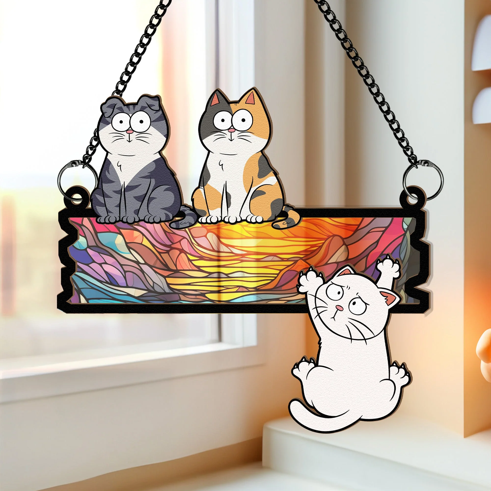 Funny Cats Hanging On Wooden Sign- Personalized Window Hanging Suncatcher Ornament - Image 4