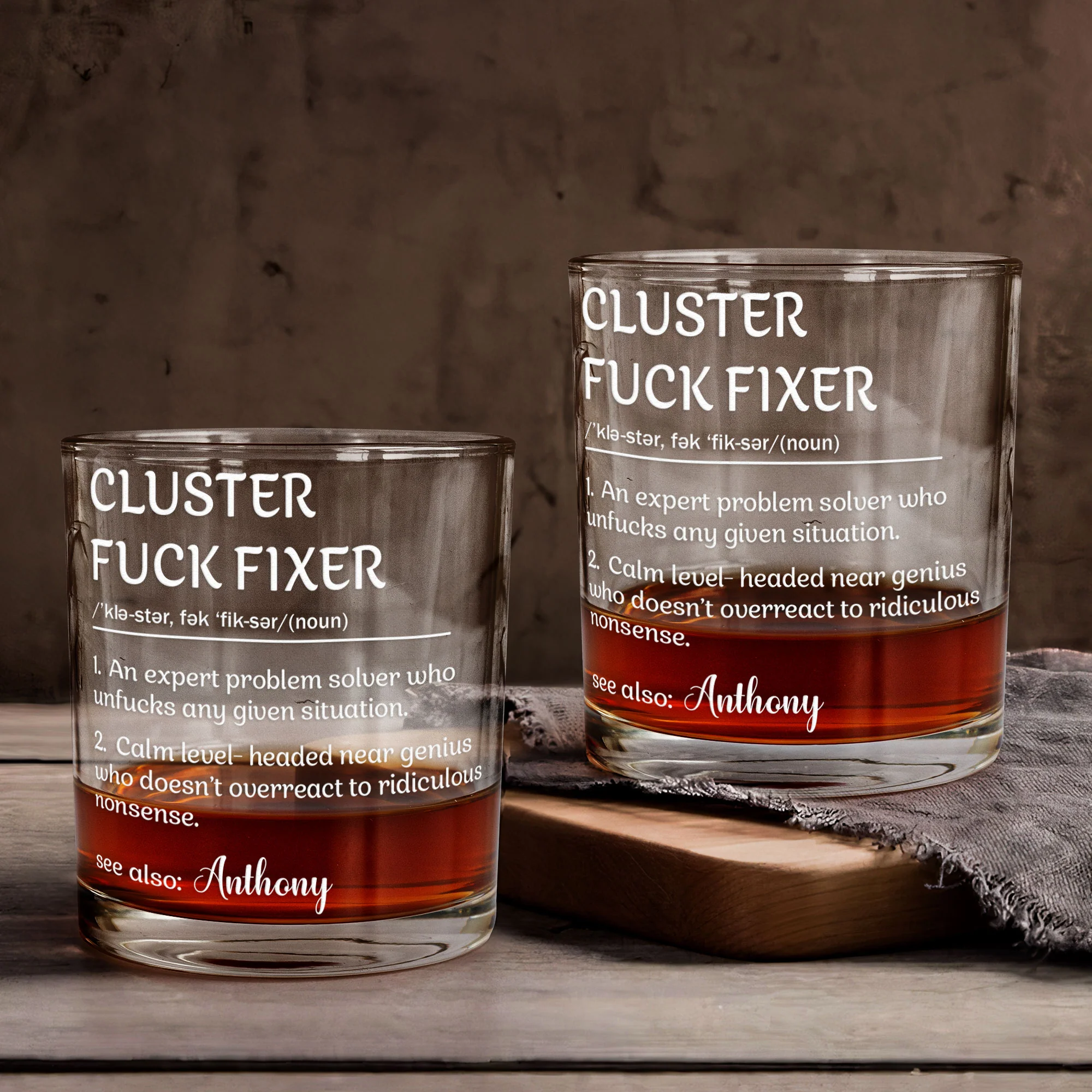 Funny Cup - Gifts For Boss, Coworkers - Cluster F*Ck Fixer - Custom Name - Personalized Whiskey Glass - Image 2