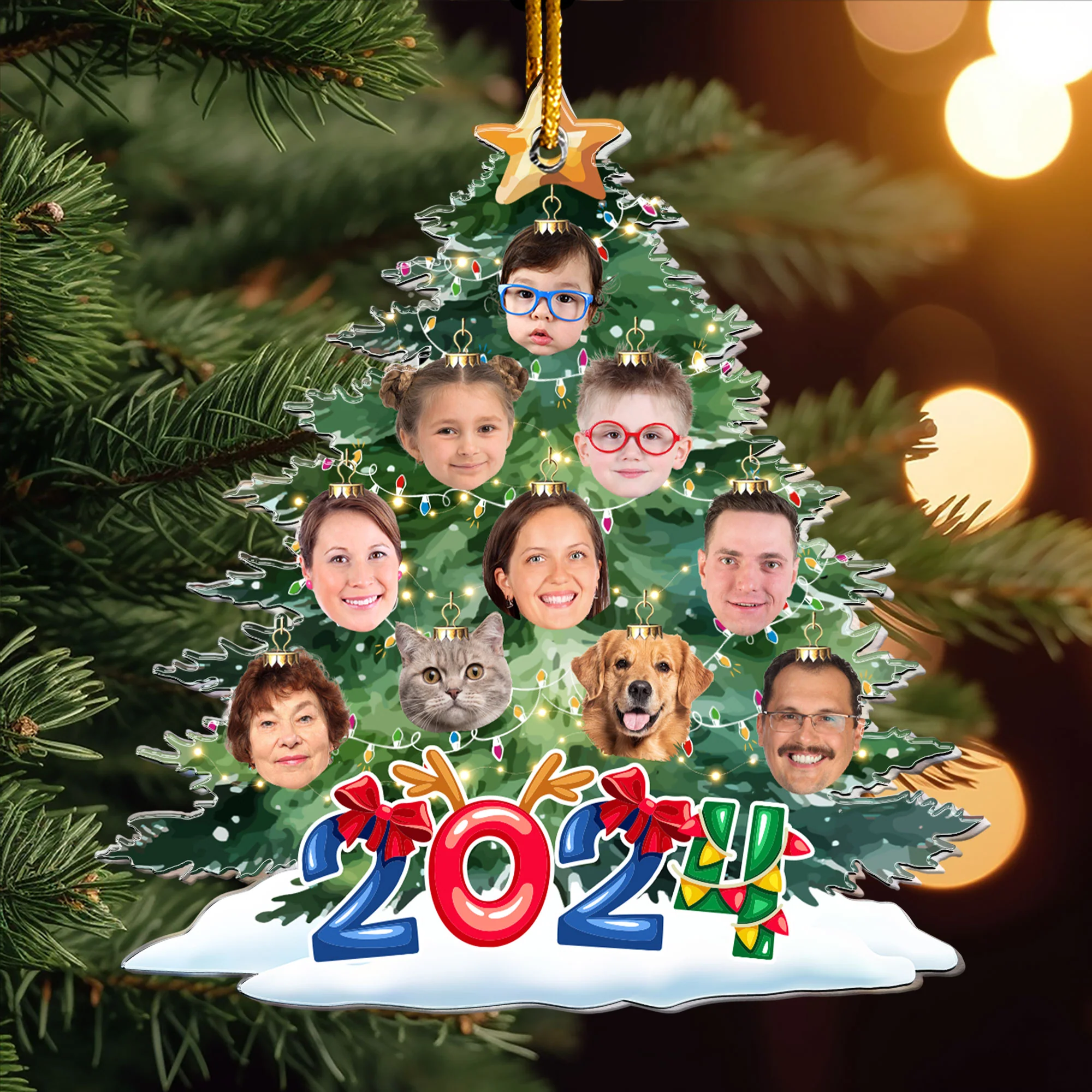 Funny Family Faces On The Christmas Tree - Personalized Acrylic Photo Ornament - Image 4