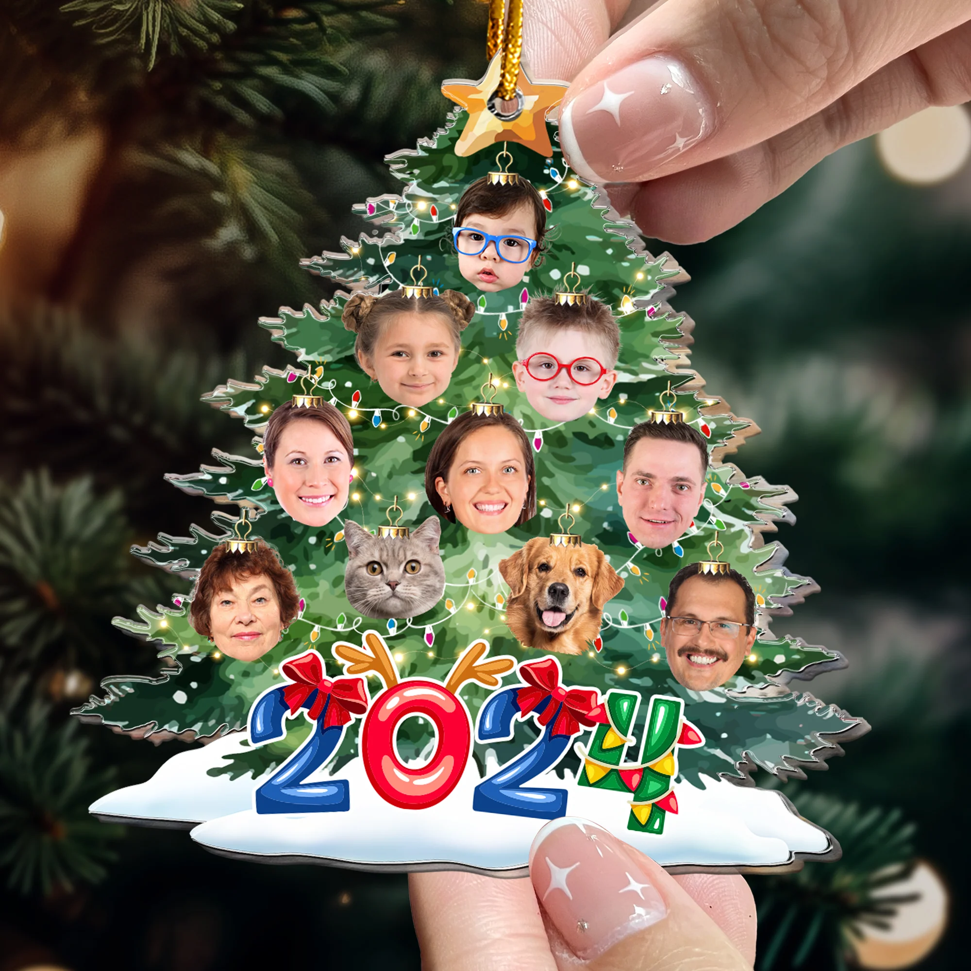 Funny Family Faces On The Christmas Tree - Personalized Acrylic Photo Ornament - Image 5