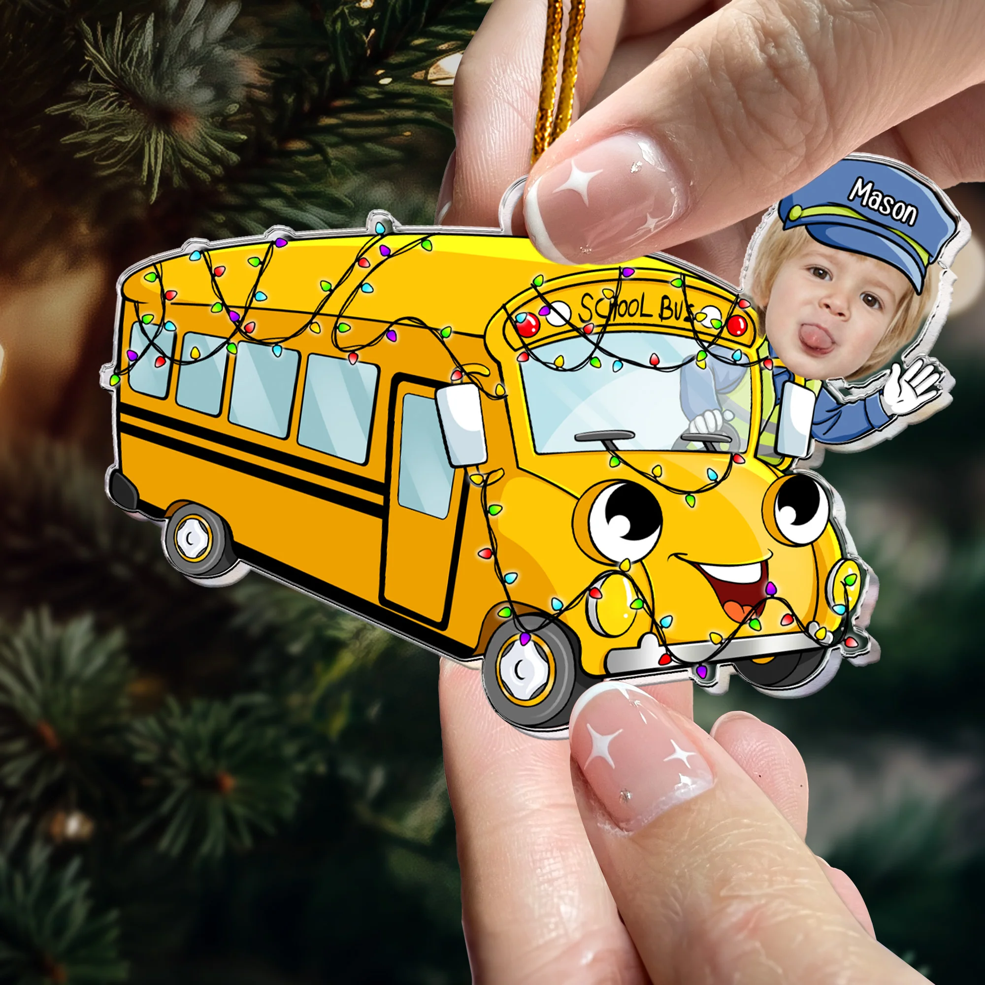 Fuuny School Bus Cartoon Custom Kid Face - Personalized Acrylic Photo Ornament - Image 2