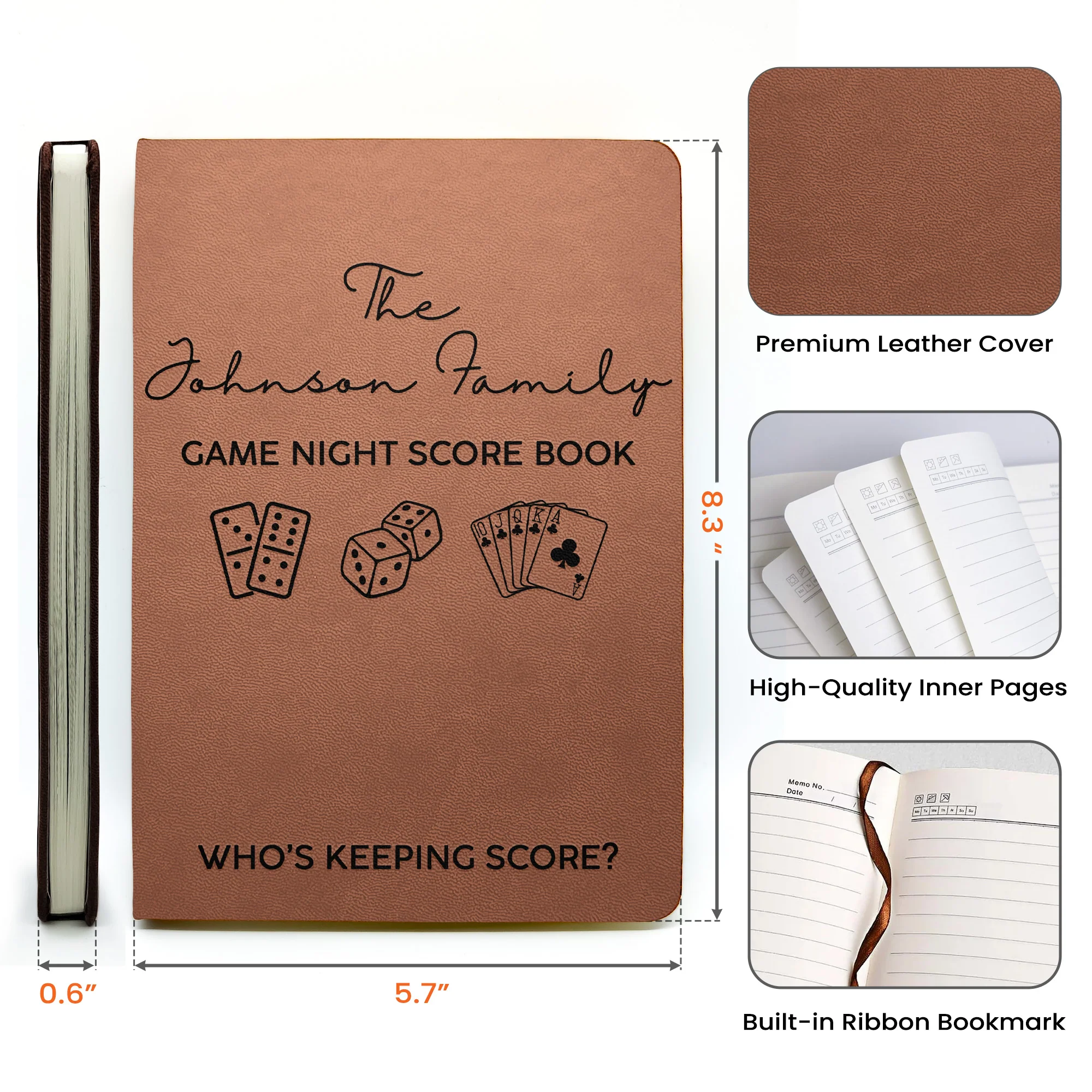 Game Night Score Book For Family, Couples, Grandparents, Board Game Lover - Personalized Leather Journal - Image 7