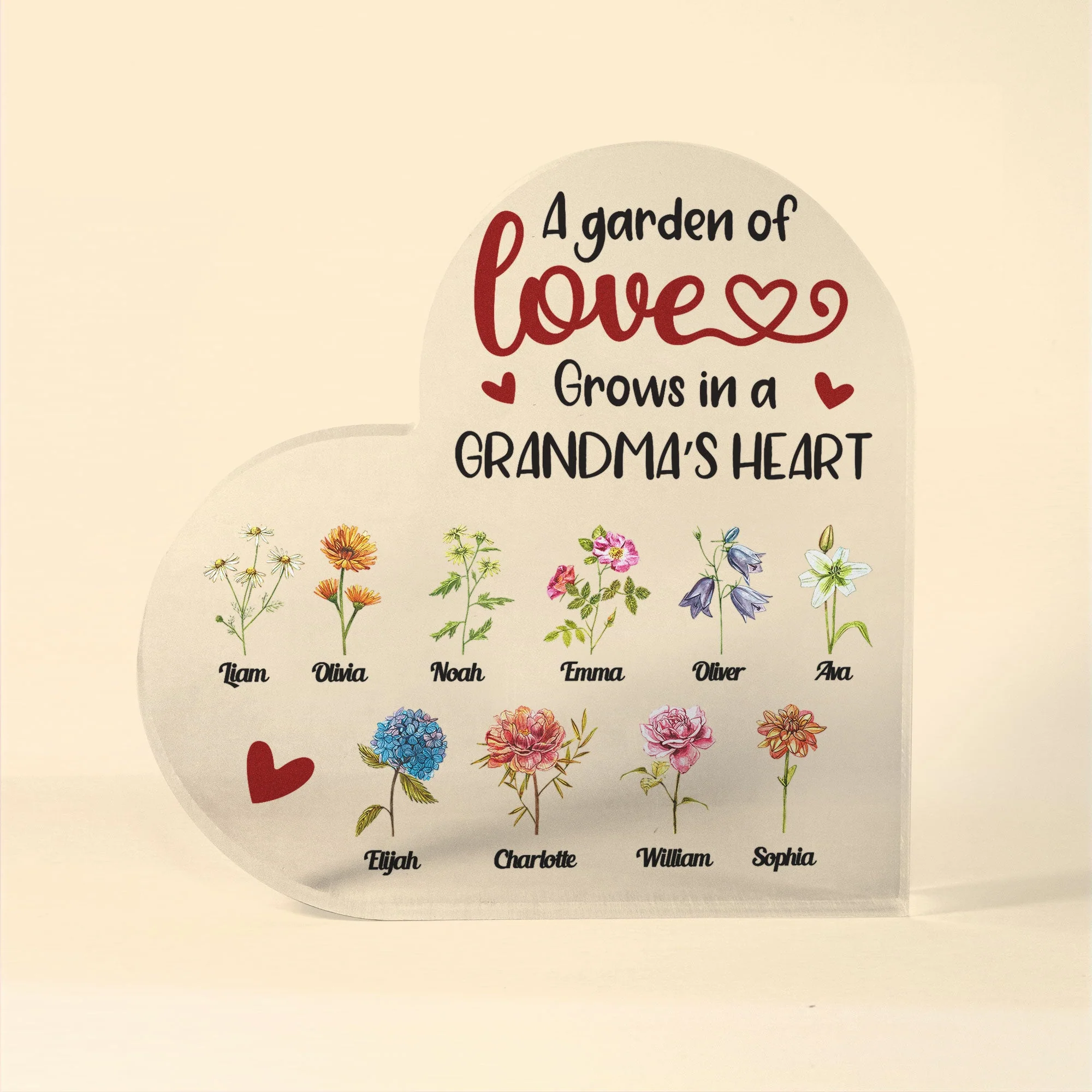 Garden Grows In Grandma's Heart - Personalized Heart Shaped Acrylic Plaque