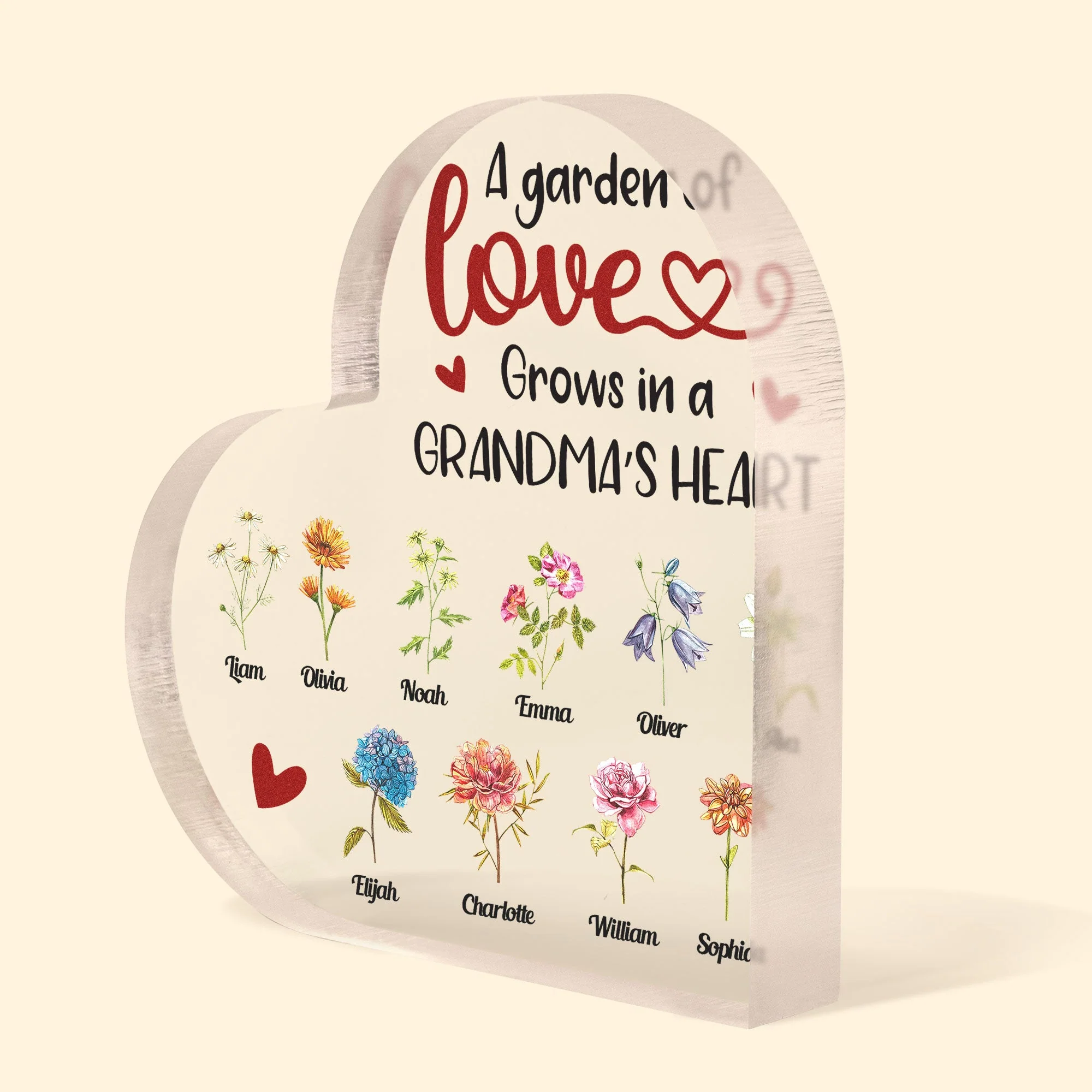 Garden Grows In Grandma's Heart - Personalized Heart Shaped Acrylic Plaque - Image 2