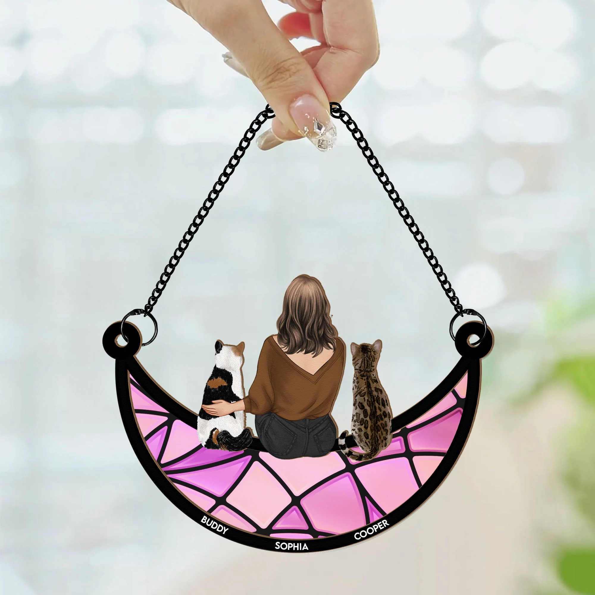 Girl And Cat Sitting On The Moon - Personalized Suncatcher Ornament - Image 2