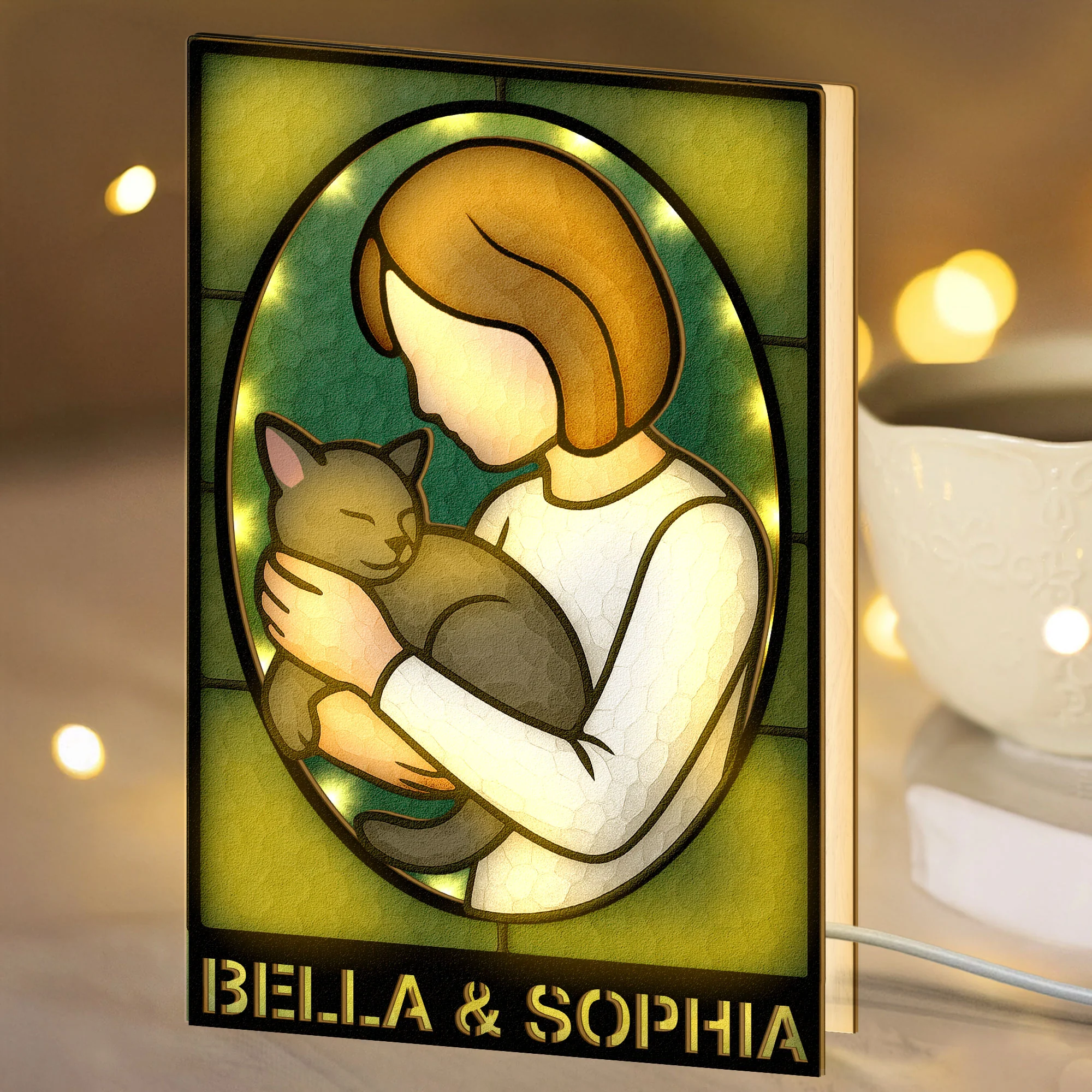 Girl And Her Cat - Personalized LED Night Lamp - Image 2