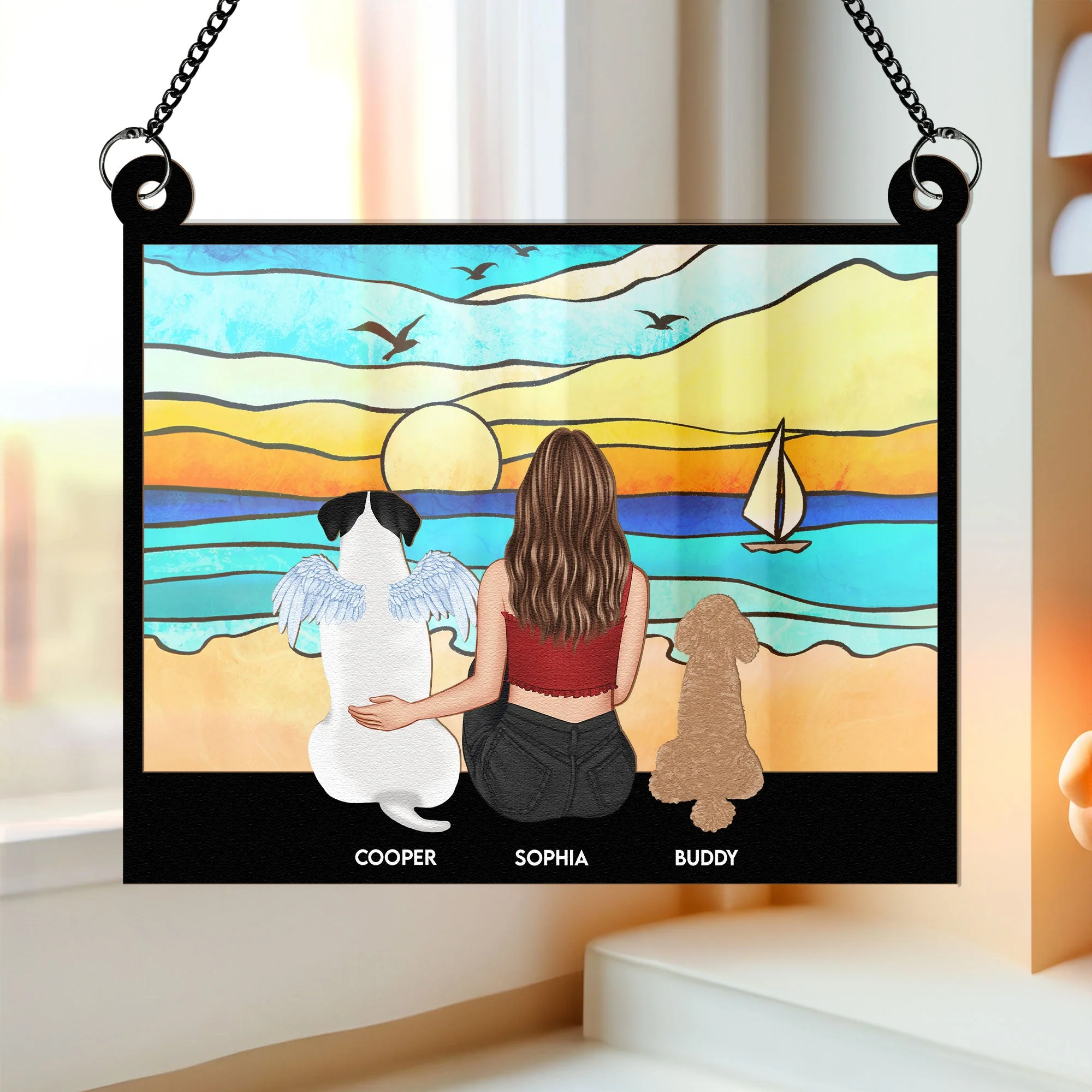 Girl And Her Dog On The Beach - Personalized Window Hanging Suncatcher Ornament - Image 3